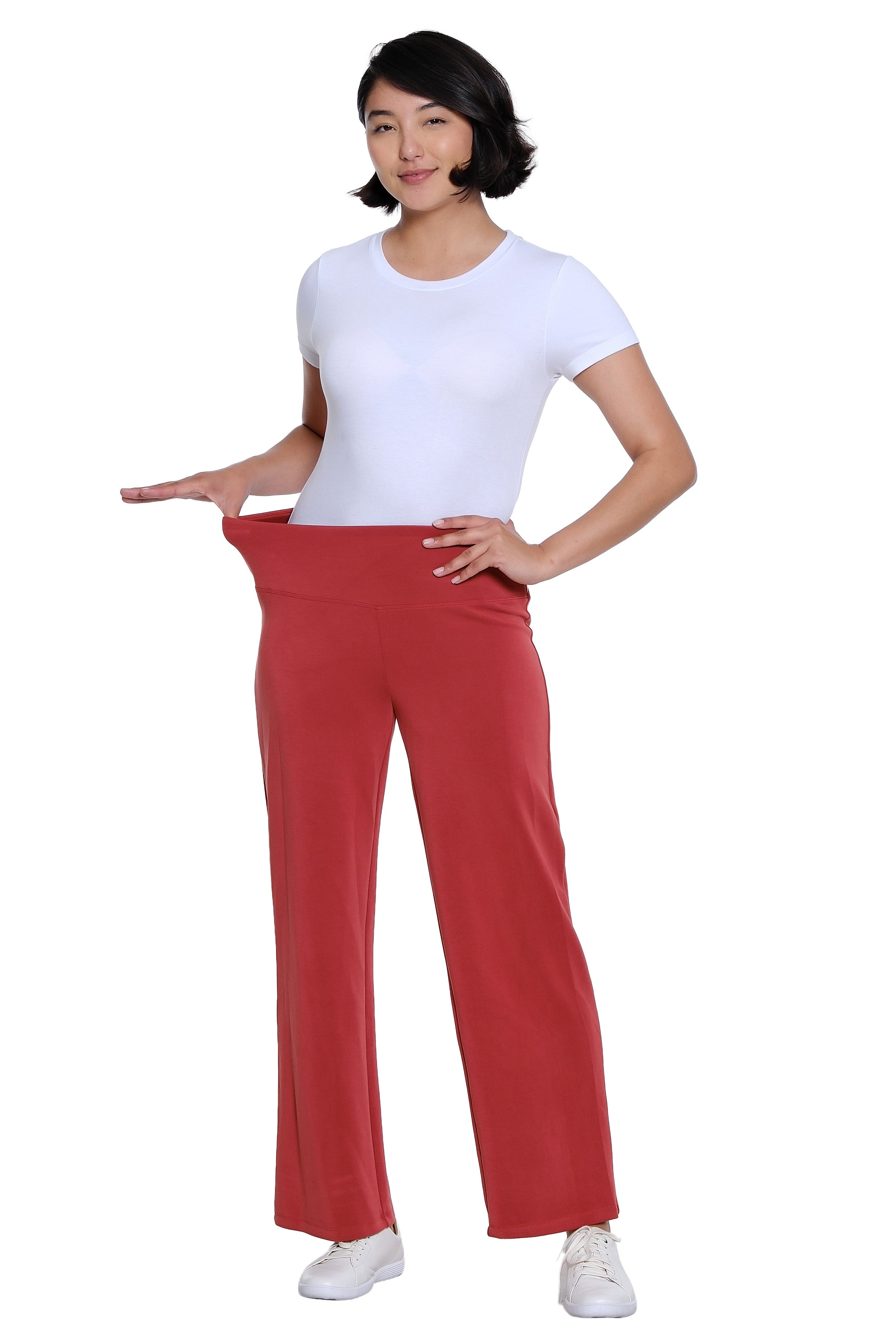 Wide Band Pull On Wide Leg Knit Ankle Pant - Brick