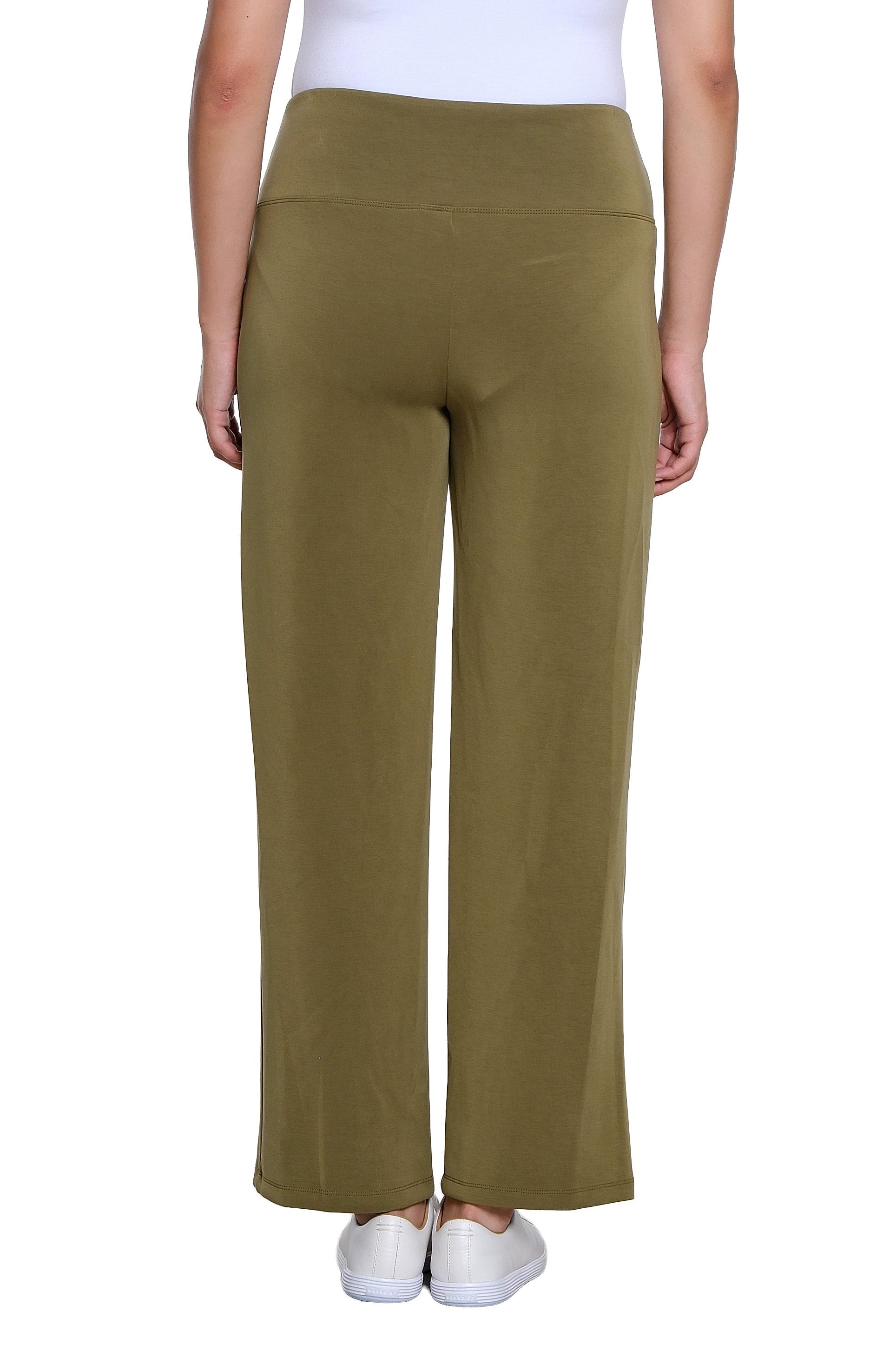 Wide Band Pull On Wide Leg Knit Ankle Pant - Olive
