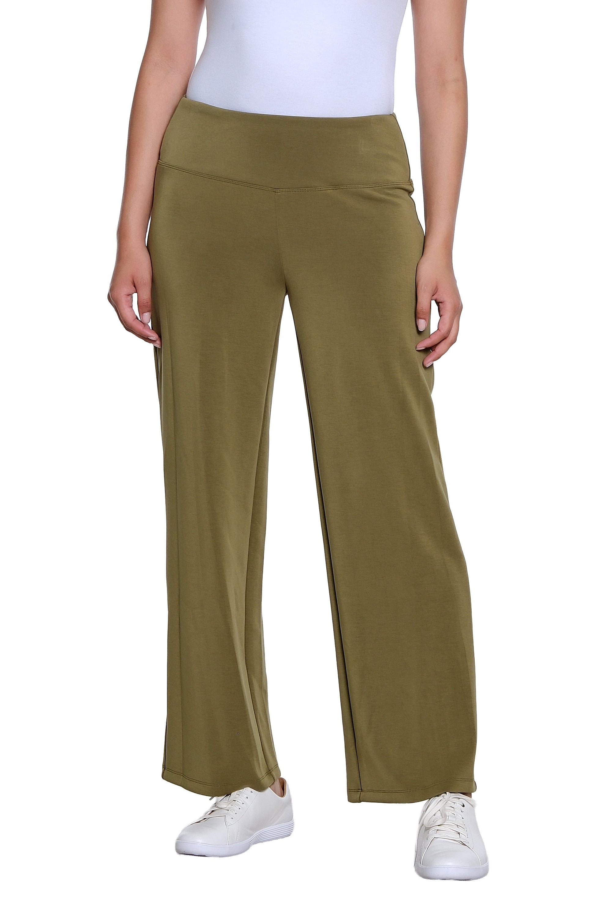 Wide Band Pull On Wide Leg Knit Ankle Pant - Olive