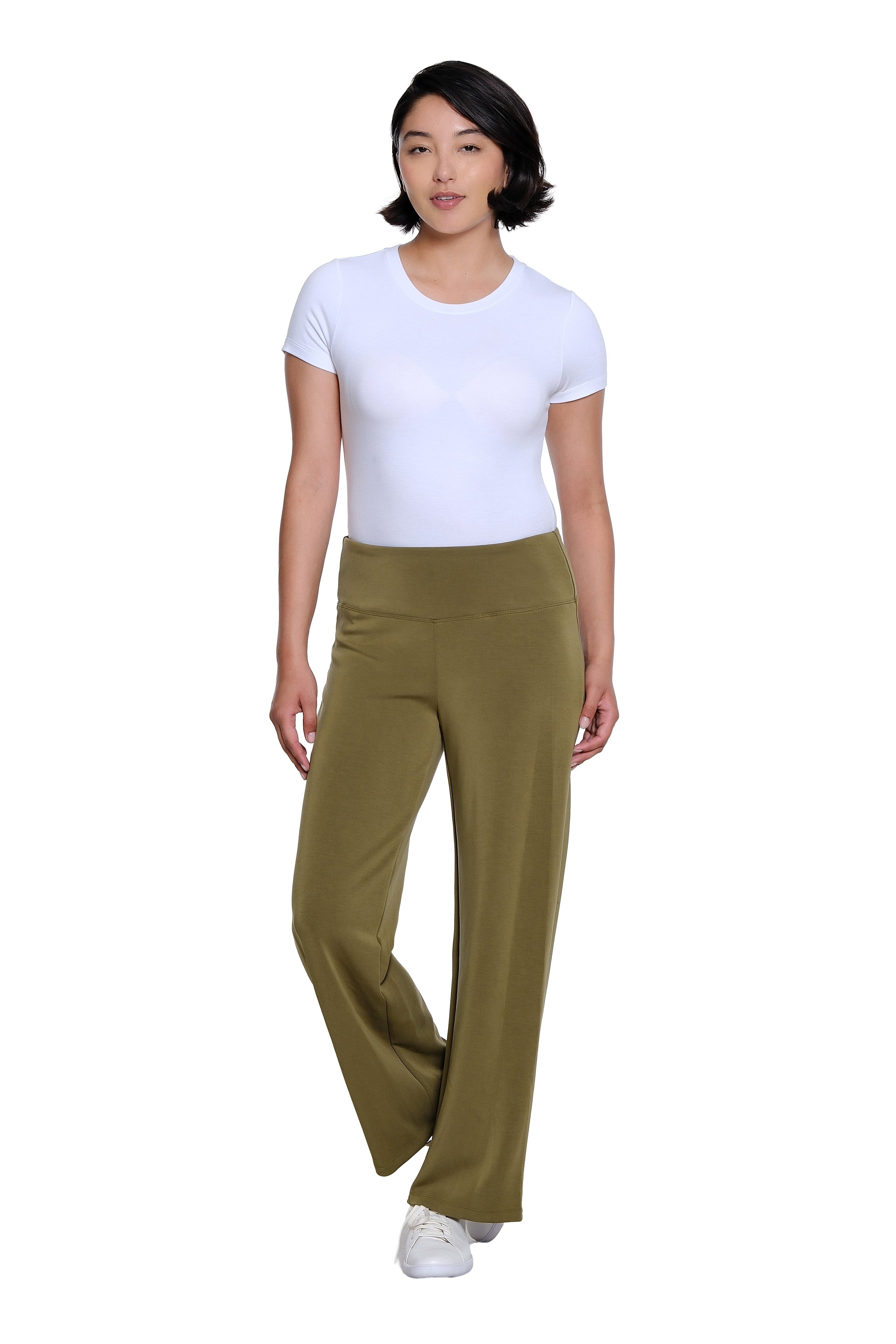 Wide Band Pull On Wide Leg Knit Ankle Pant - Plus - Olive