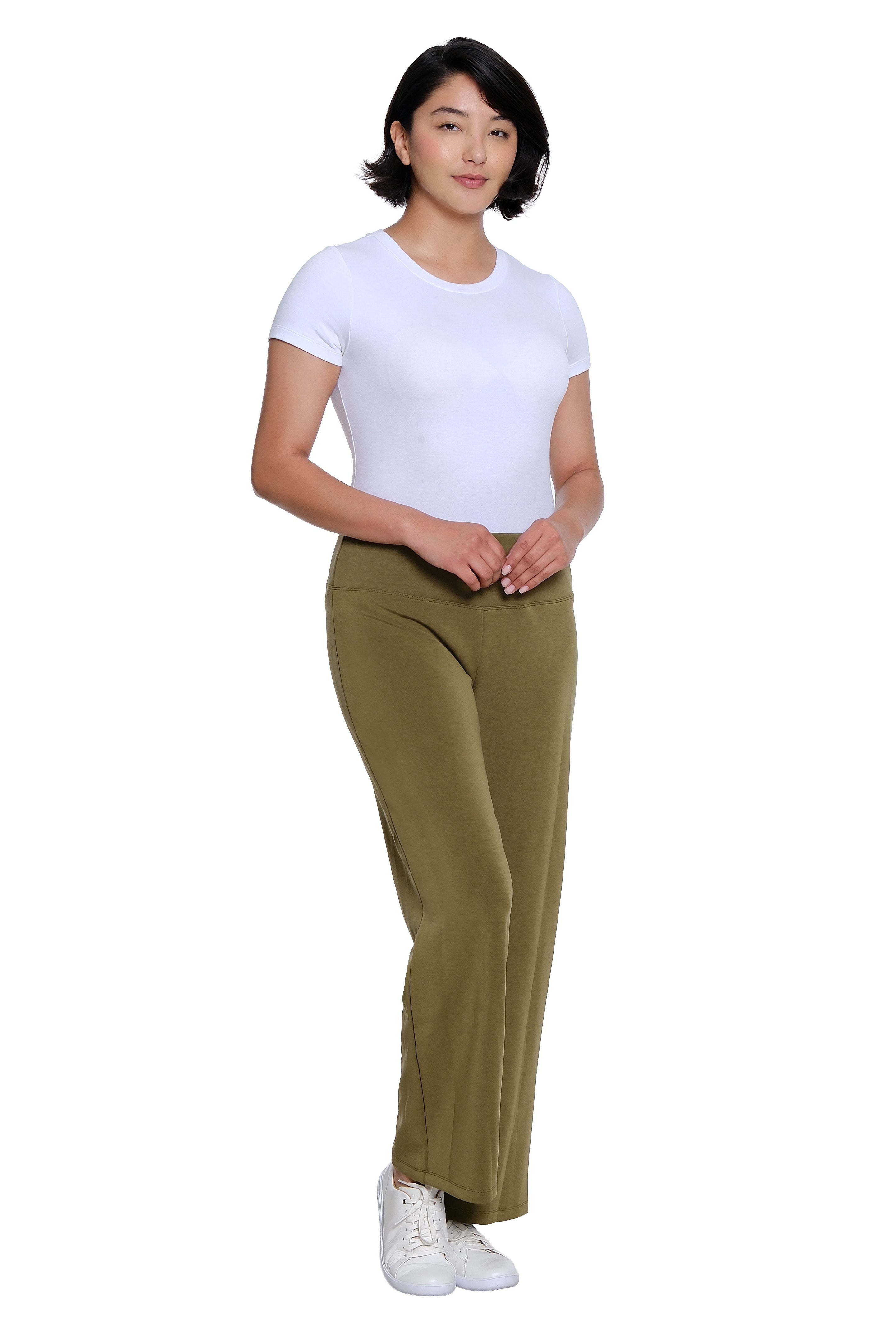 Wide Band Pull On Wide Leg Knit Ankle Pant - Olive