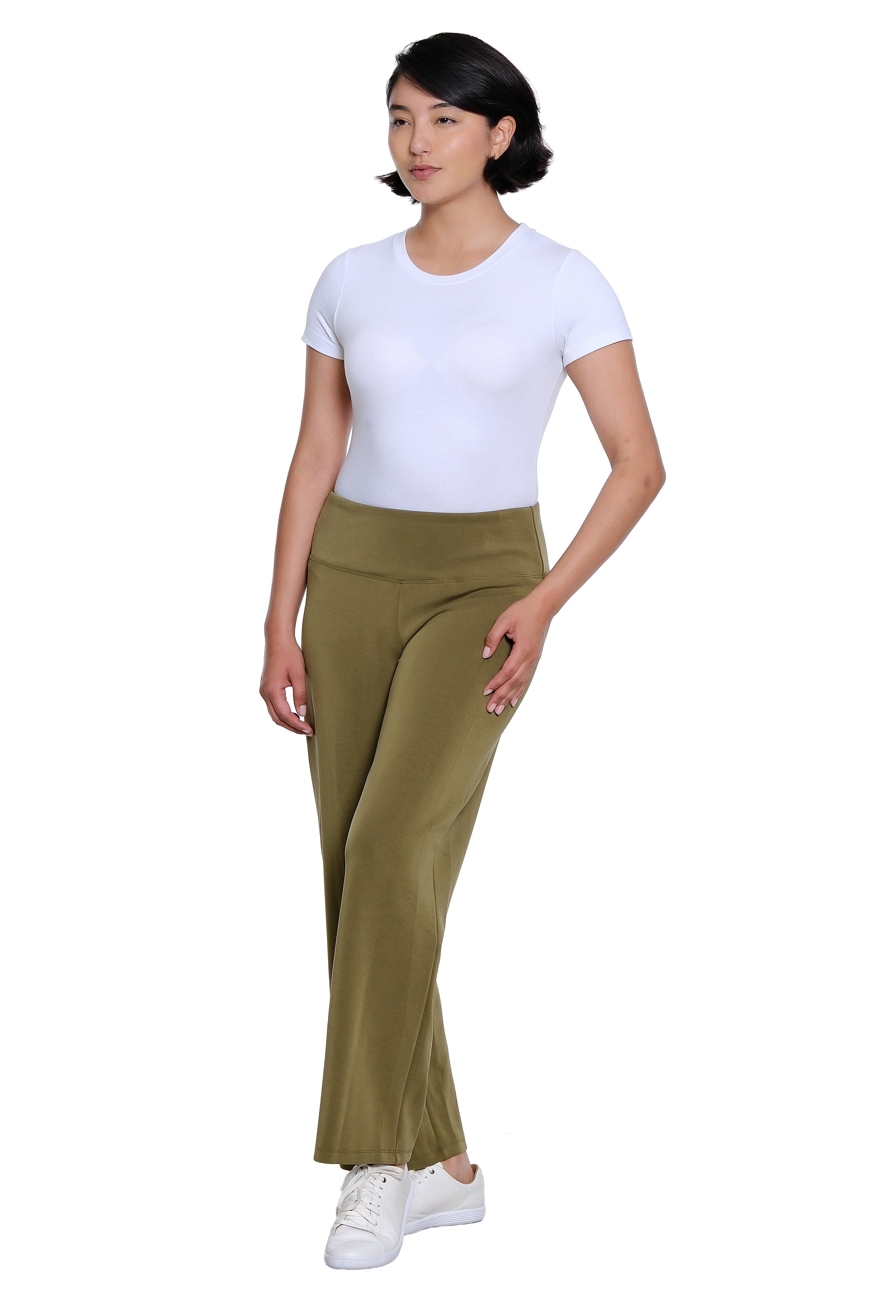 Wide Band Pull On Wide Leg Knit Ankle Pant - Olive