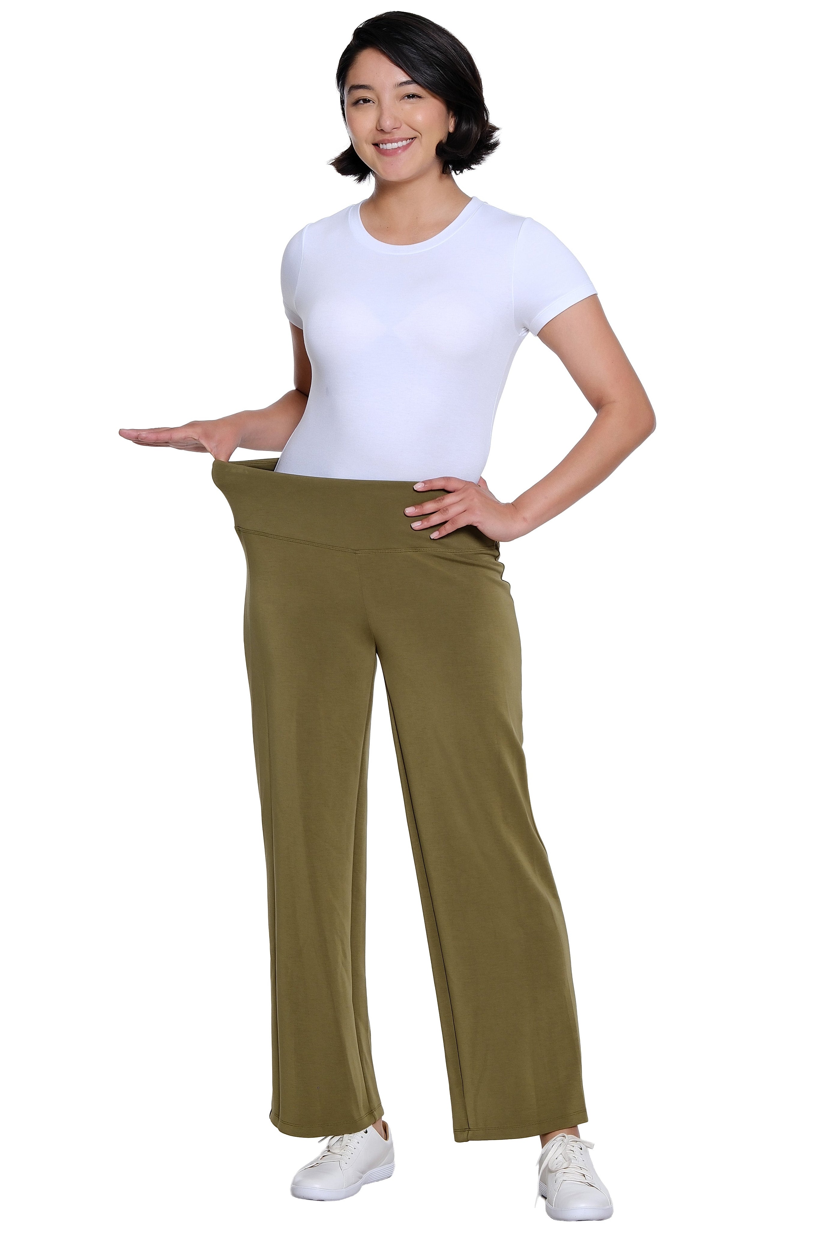 Wide Band Pull On Wide Leg Knit Ankle Pant - Olive