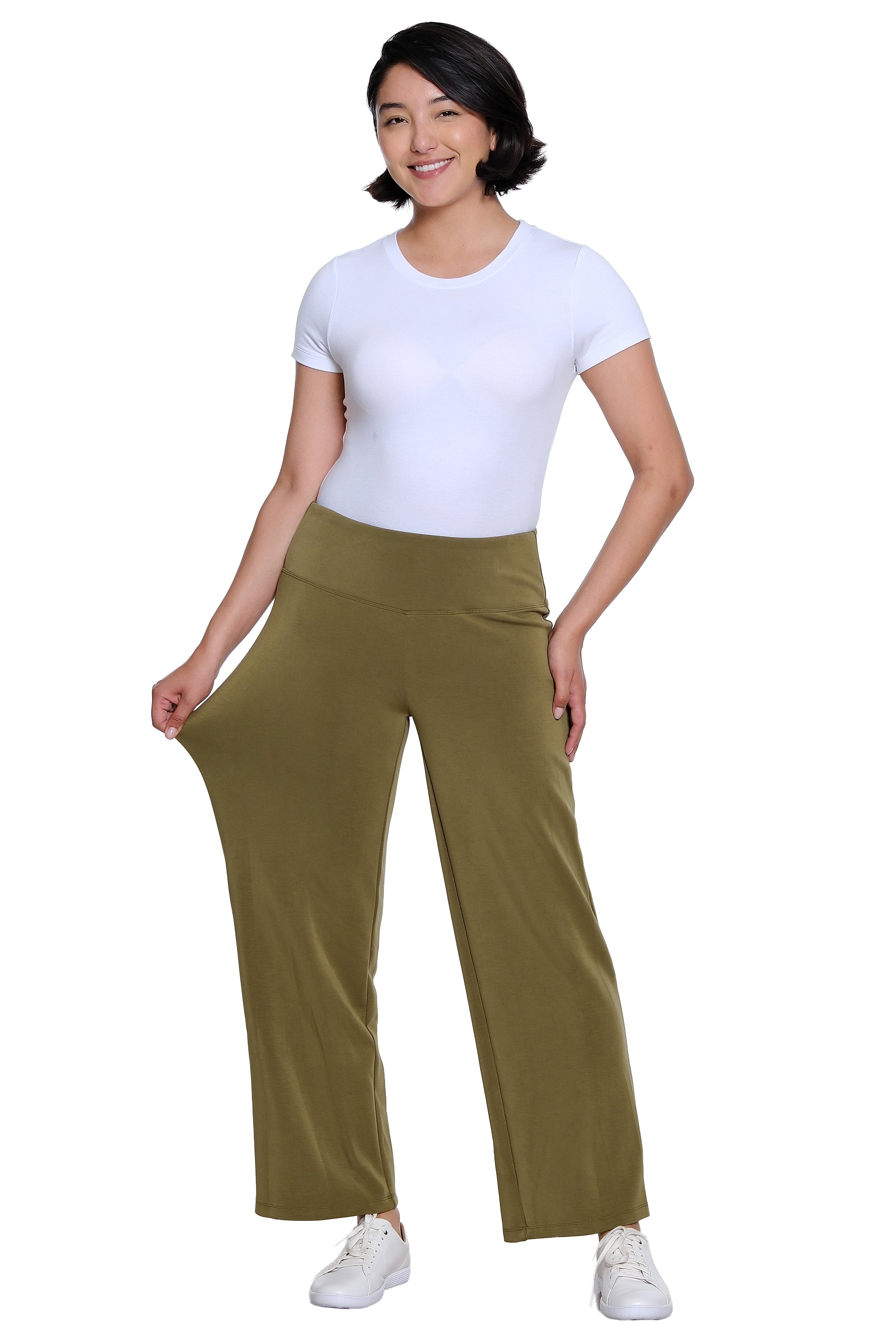 Wide Band Pull On Wide Leg Knit Ankle Pant - Olive