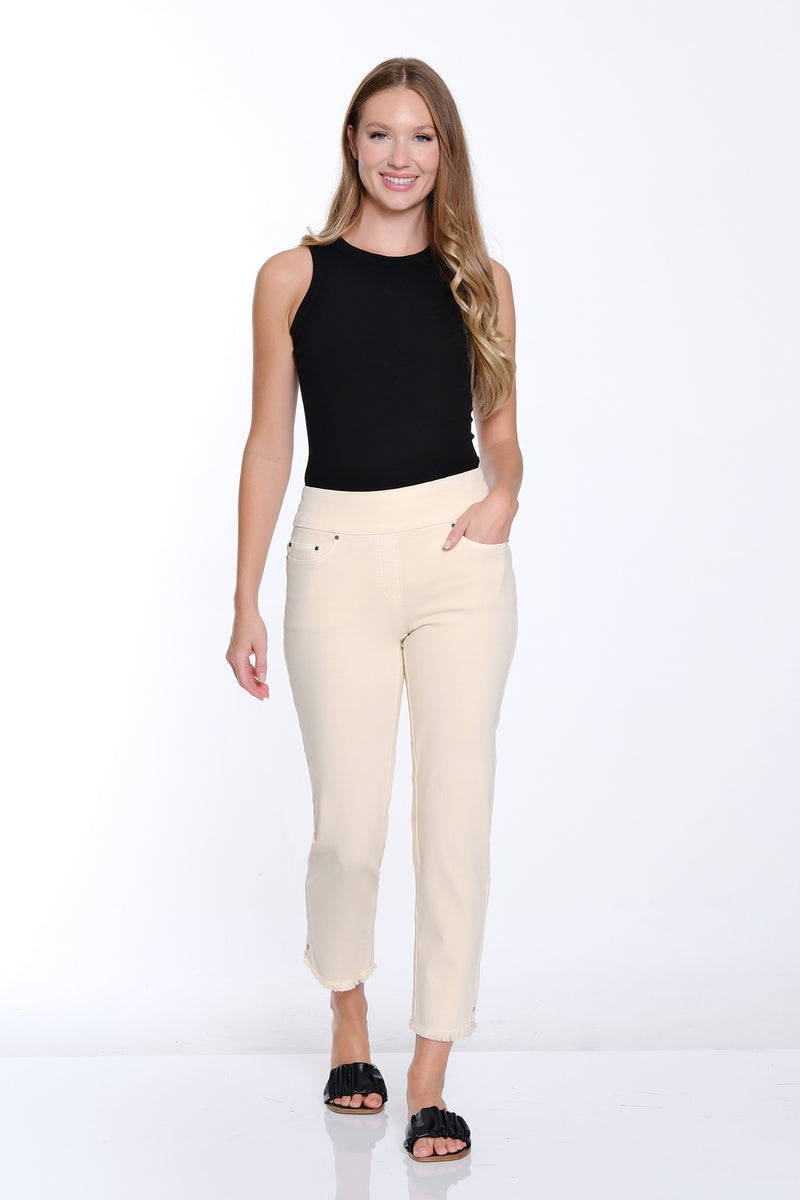 Denim Ankle Jean with Fringe Hem - Parchment