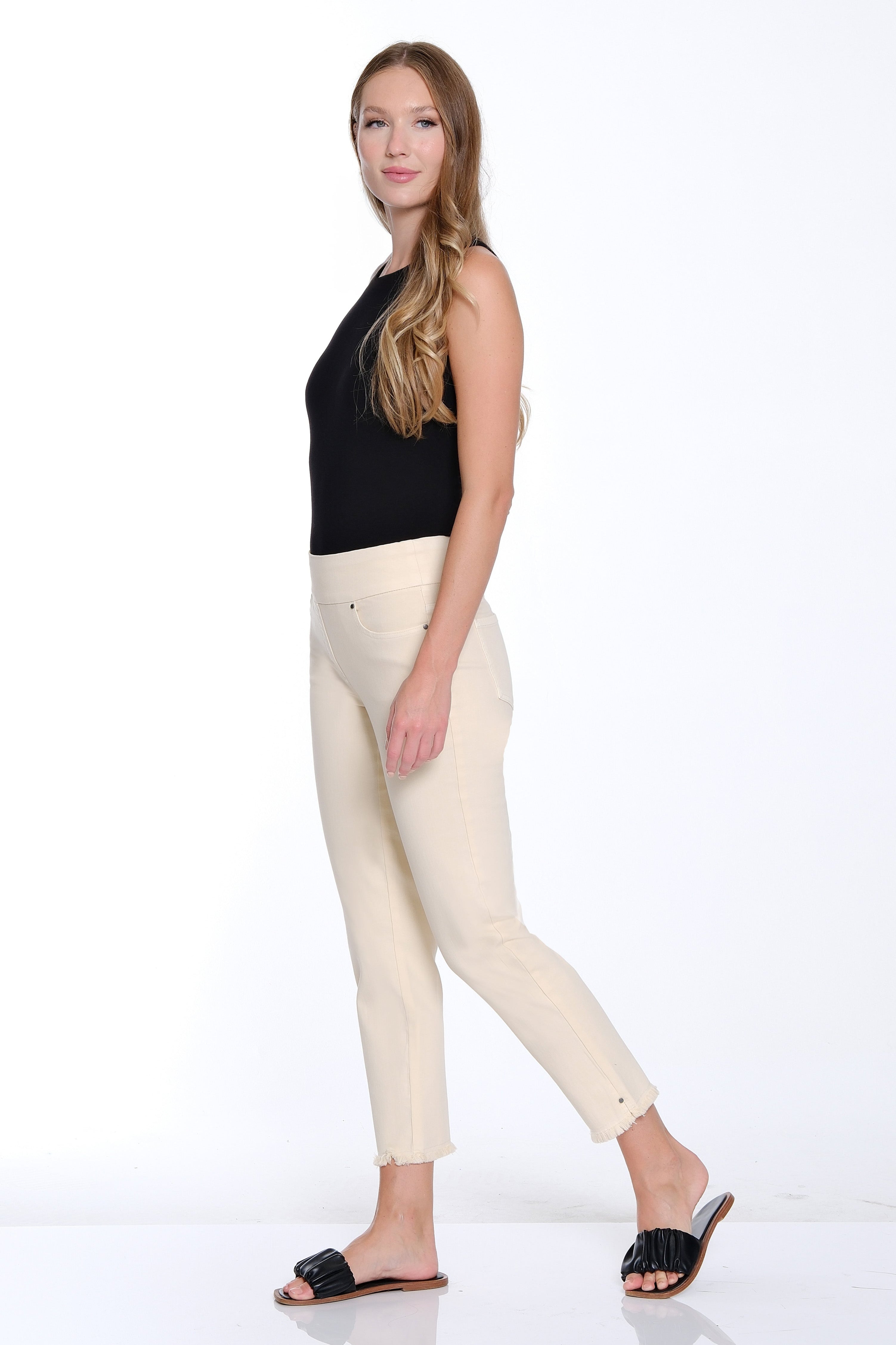 Denim Ankle Jean with Fringe Hem - Parchment