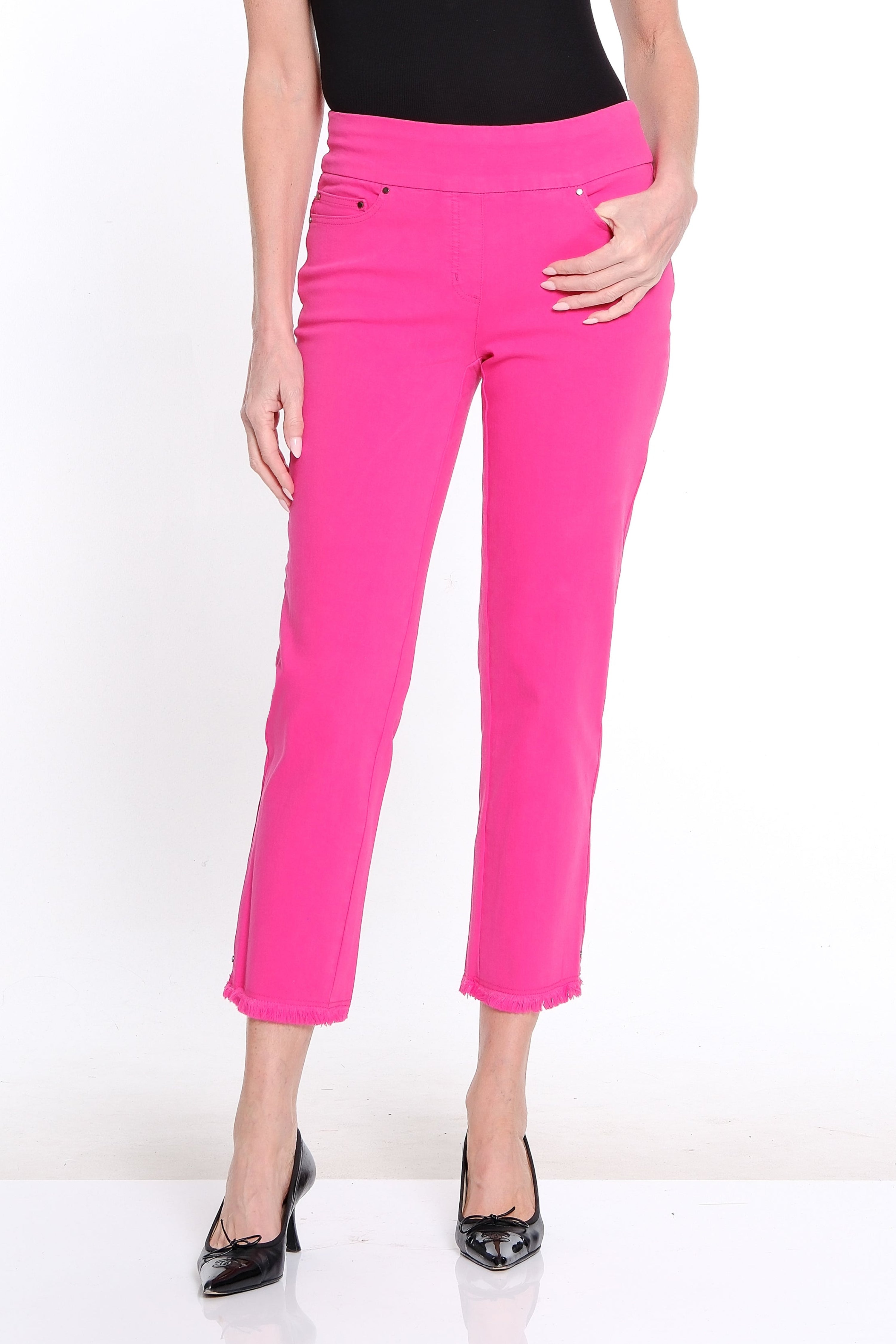 Denim Ankle Jean with Fringe Hem - Petite - Candy Pink