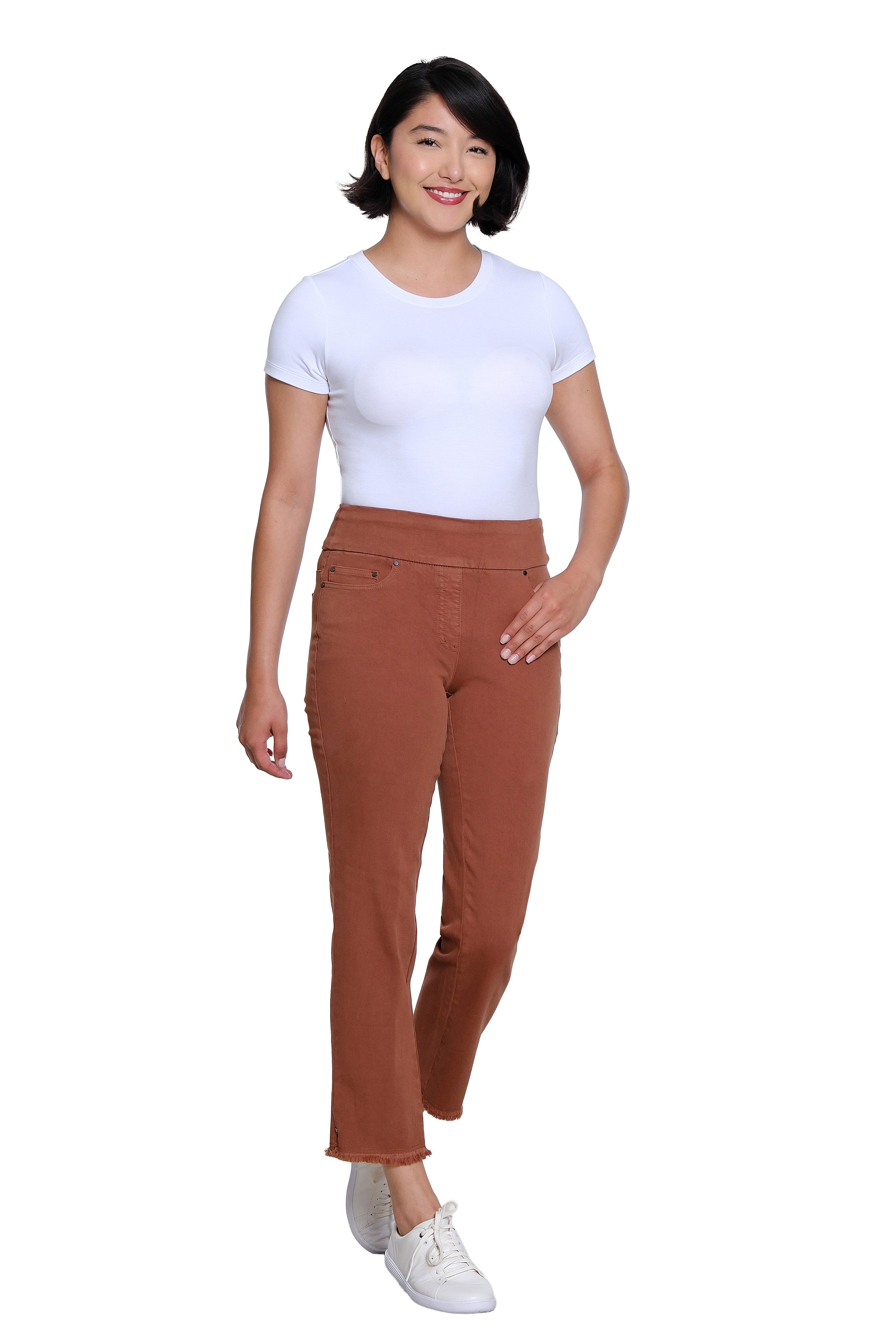 Pull On 5-Pocket Fringe Hem Woven Ankle Pant - Cocoa