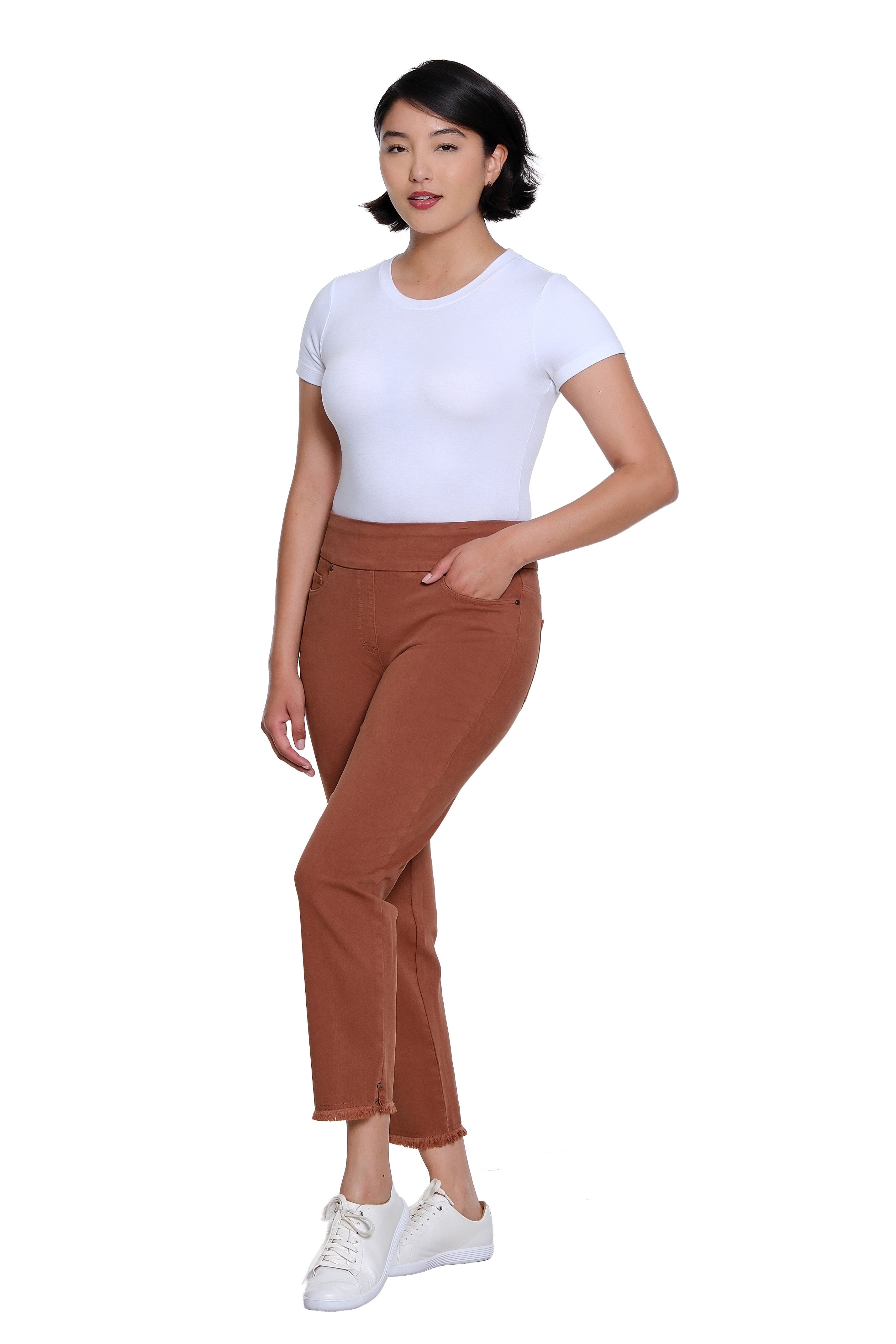 Pull On 5-Pocket Fringe Hem Woven Ankle Pant - Cocoa