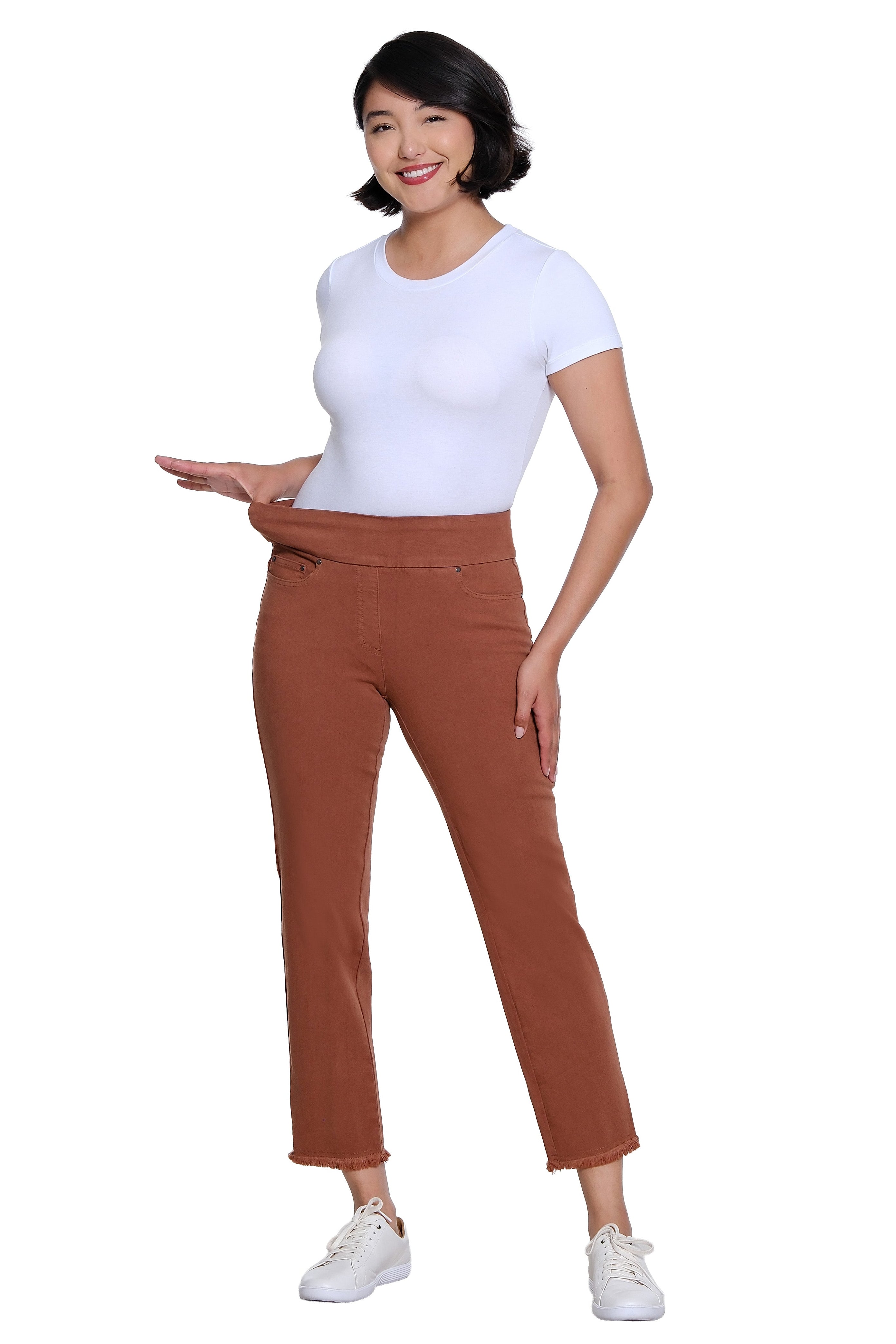 Pull On 5-Pocket Fringe Hem Woven Ankle Pant - Cocoa