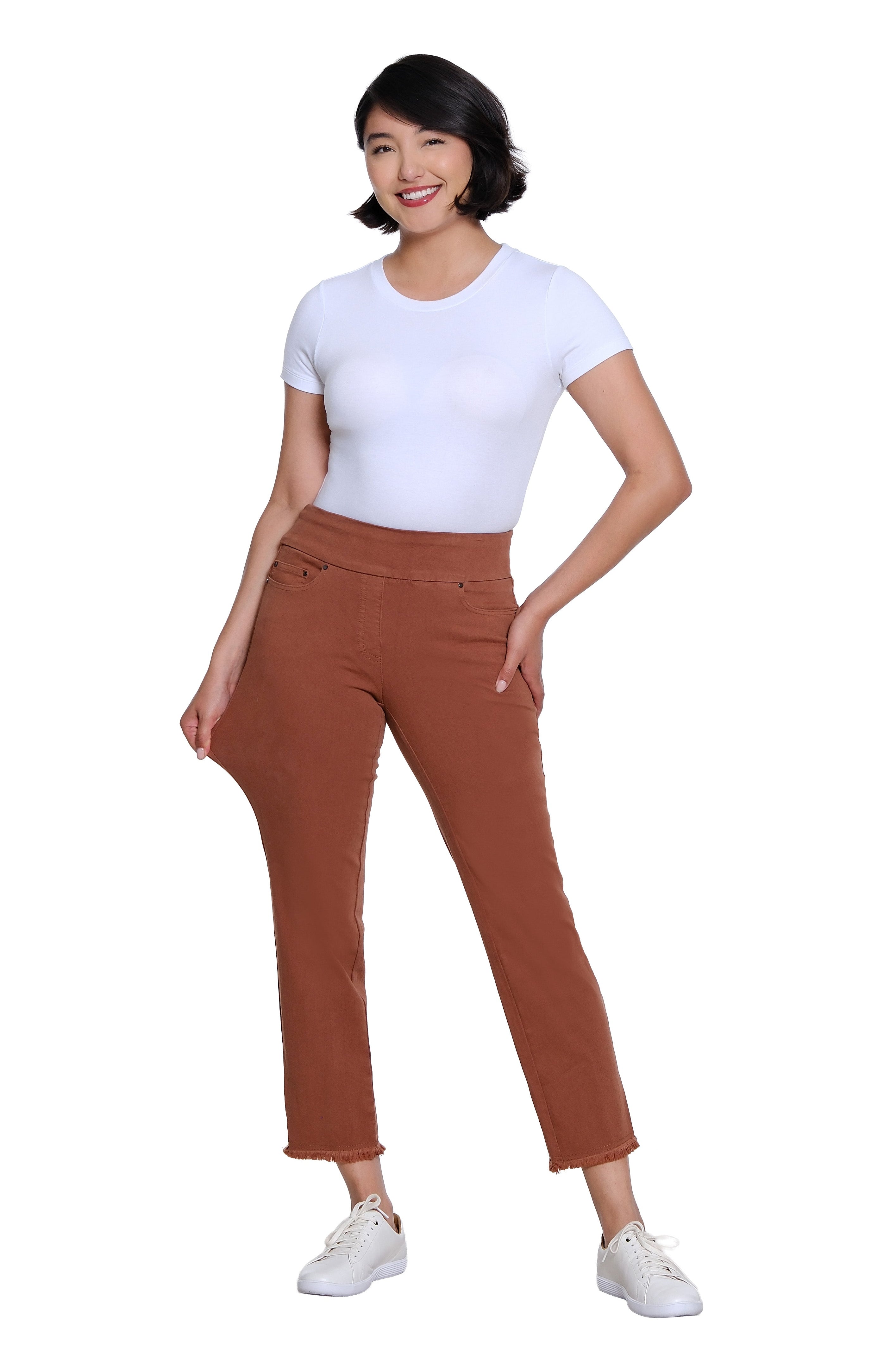 Pull On 5-Pocket Fringe Hem Woven Ankle Pant - Cocoa