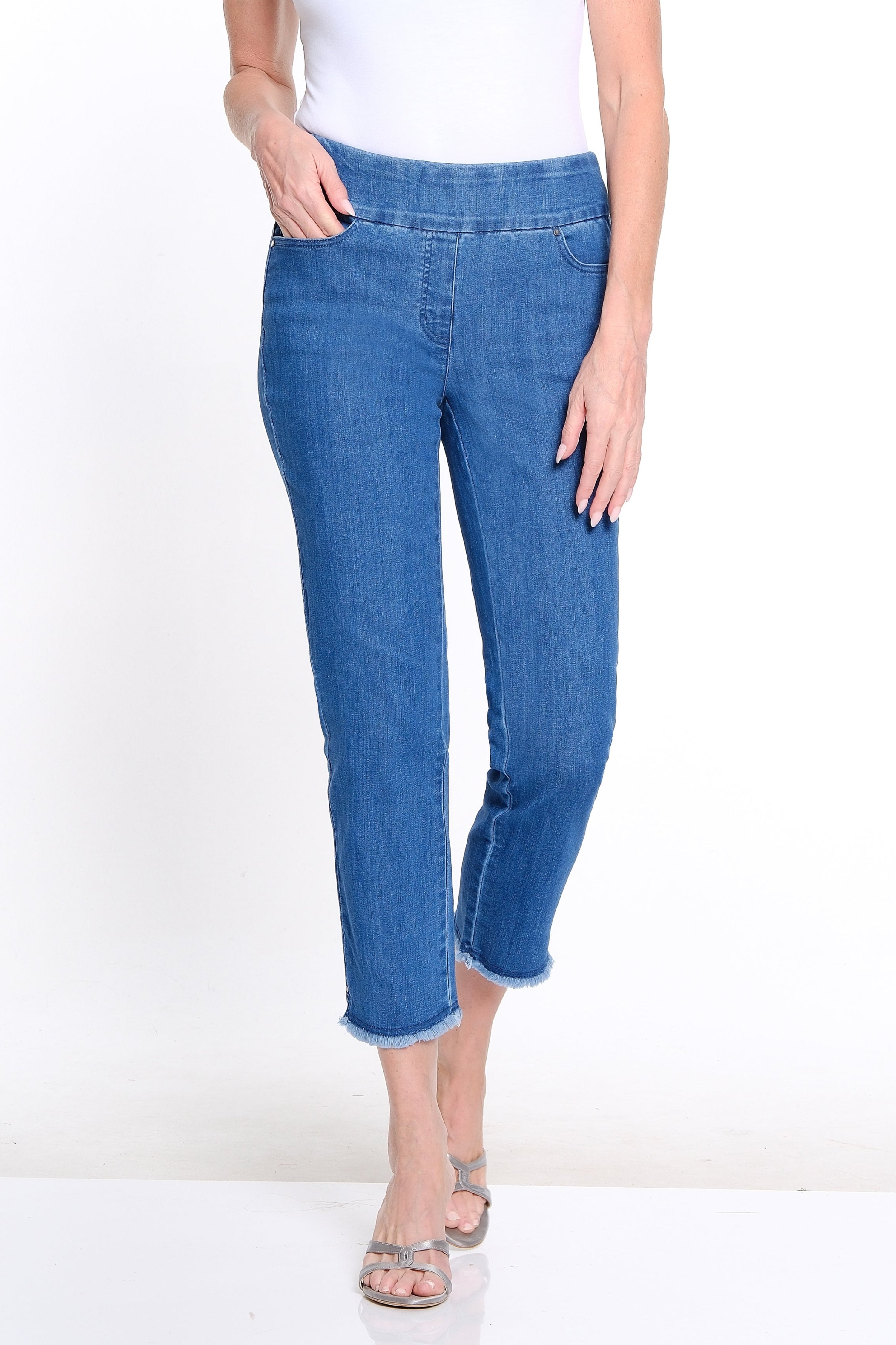 Denim Ankle Jean with Fringe Hem - Medium Indigo