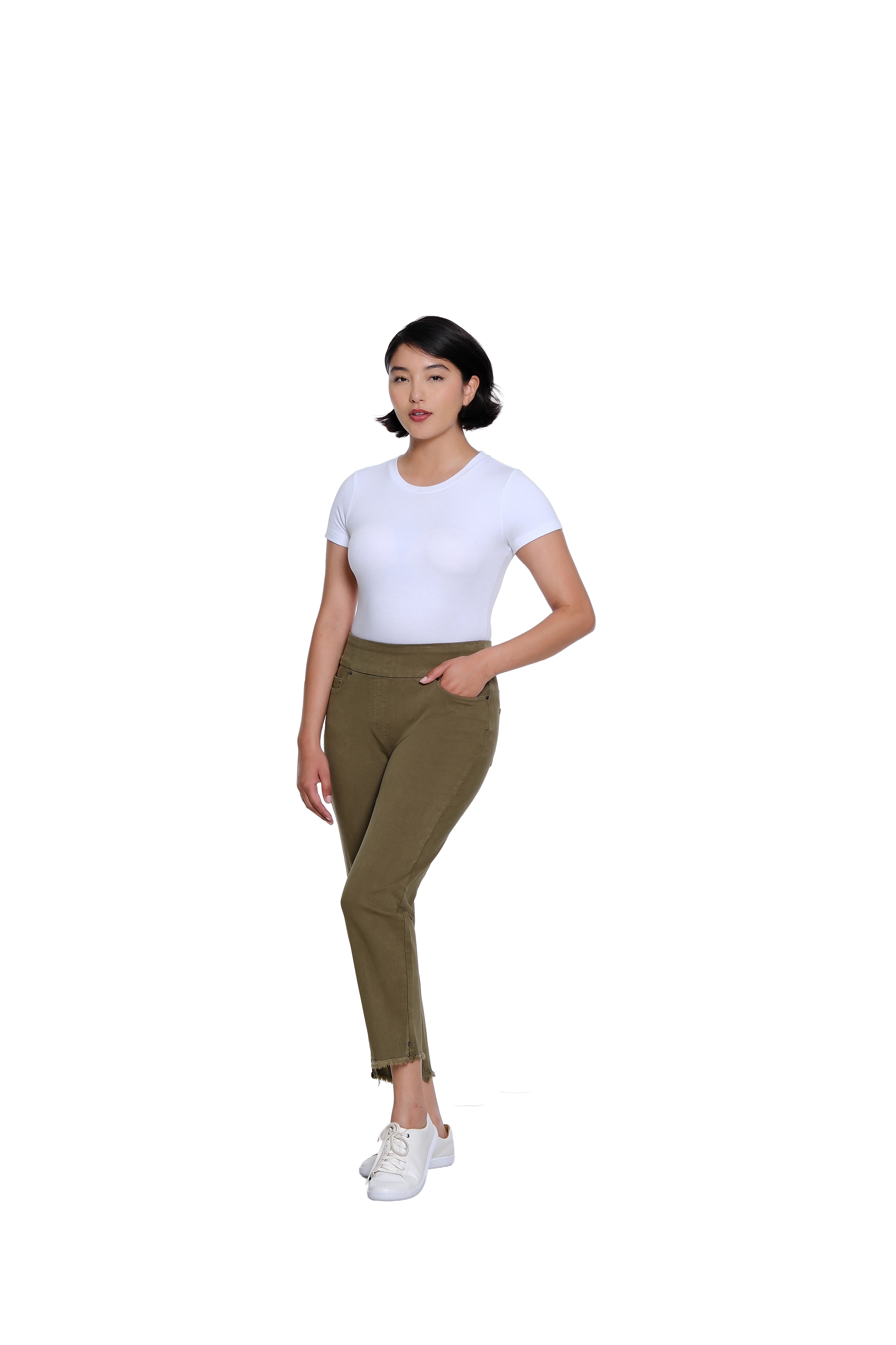 Pull On 5-Pocket Fringe Hem Woven Ankle Pant - Olive