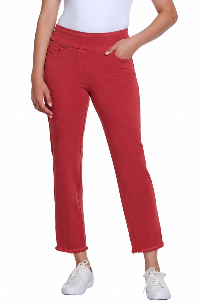 Pull On 5-Pocket Fringe Hem Woven Ankle Pant - Brick