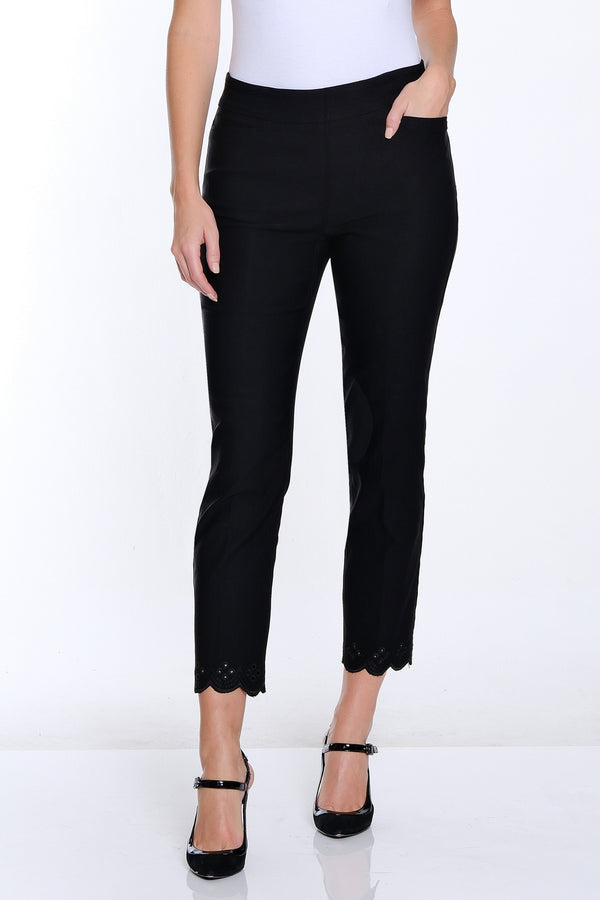 Denim Crop Jean with Eyelet Embroidered Fringe Hem - Black Denim