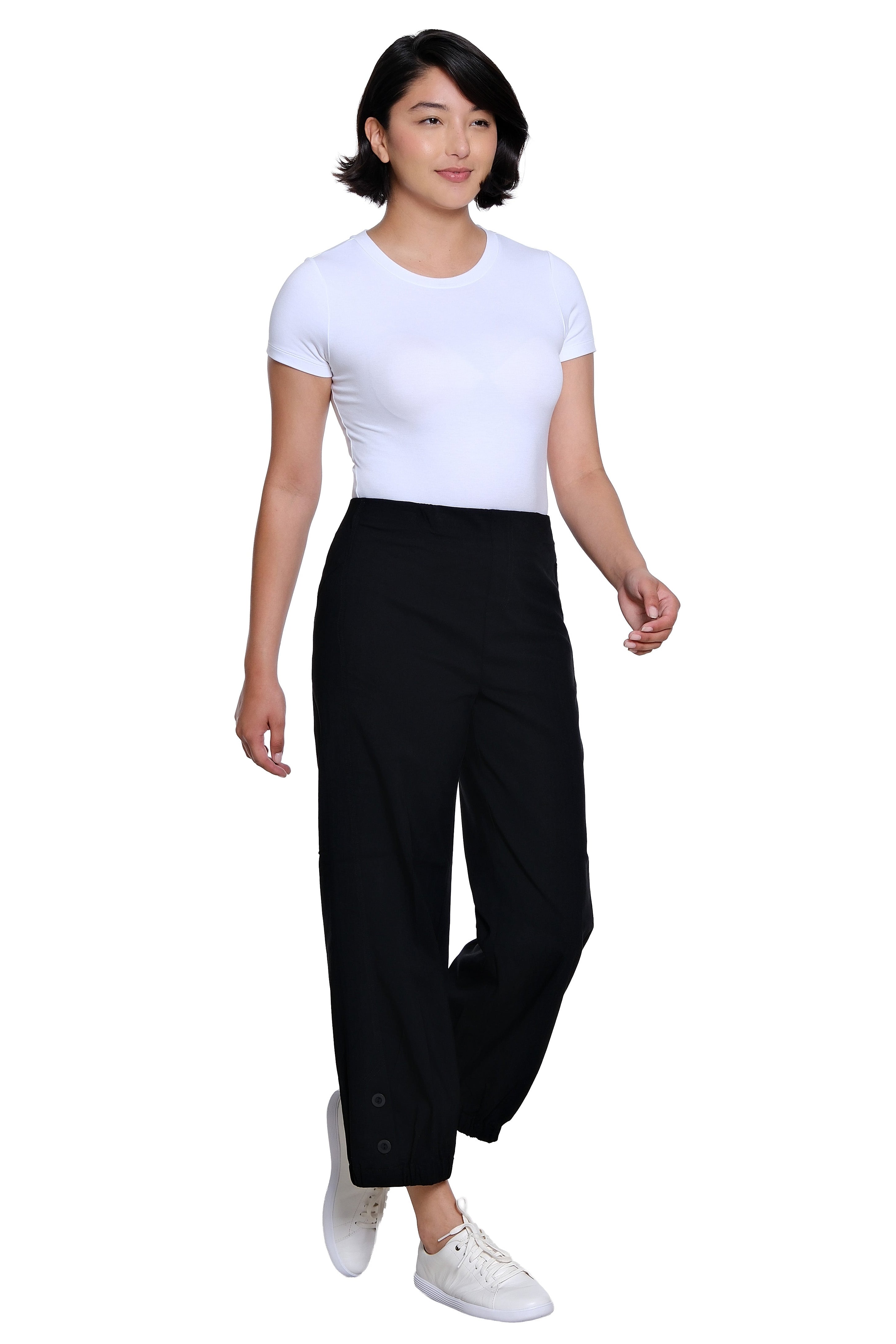 Elastic Waist Faux Button Vent Elastic Hem Wide Leg Woven Crop Pant - Black