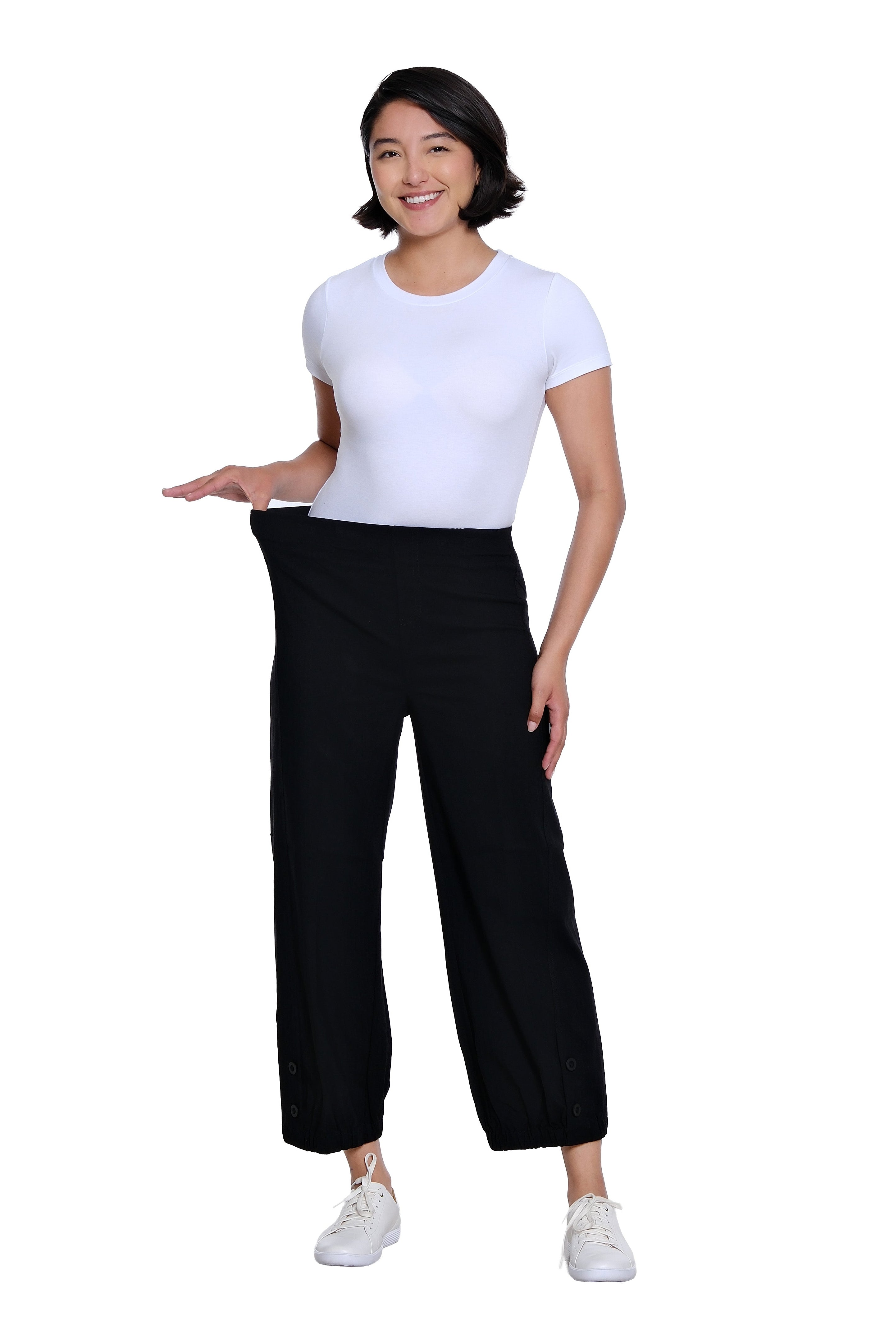 Elastic Waist Faux Button Vent Elastic Hem Wide Leg Woven Crop Pant - Black