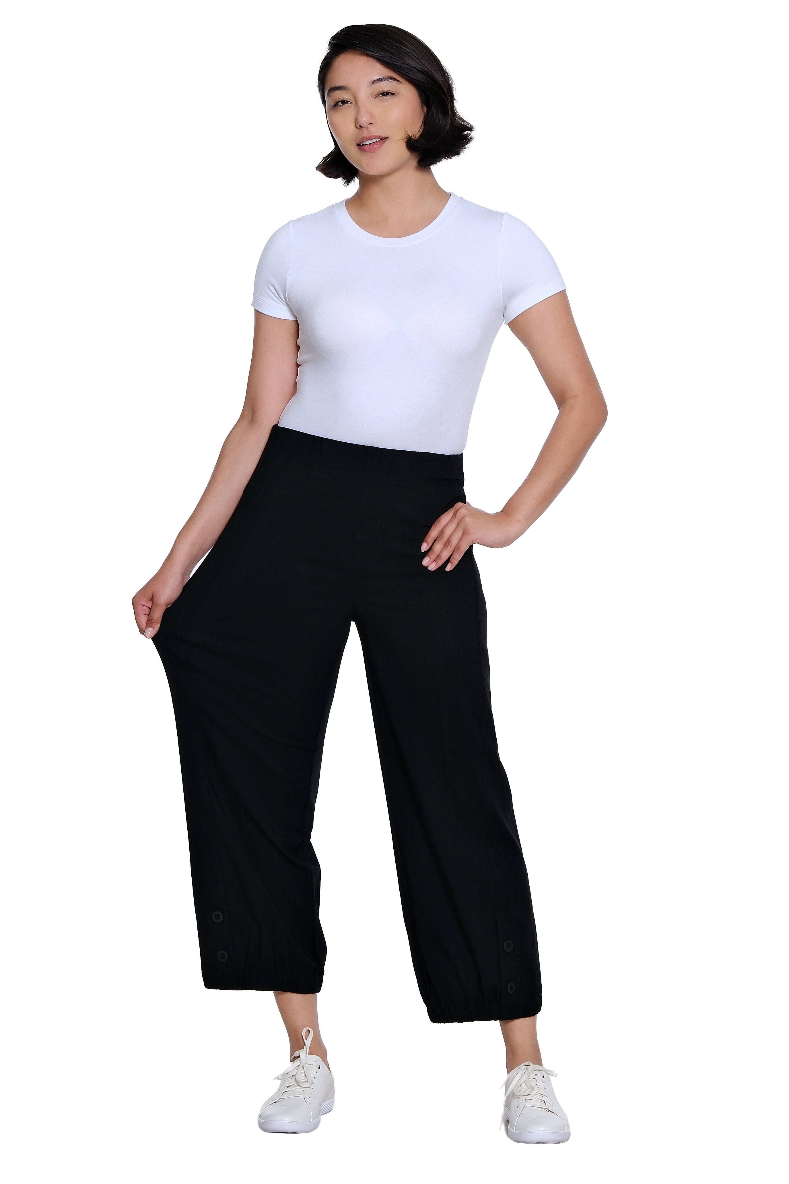 Elastic Waist Faux Button Vent Elastic Hem Wide Leg Woven Crop Pant - Black