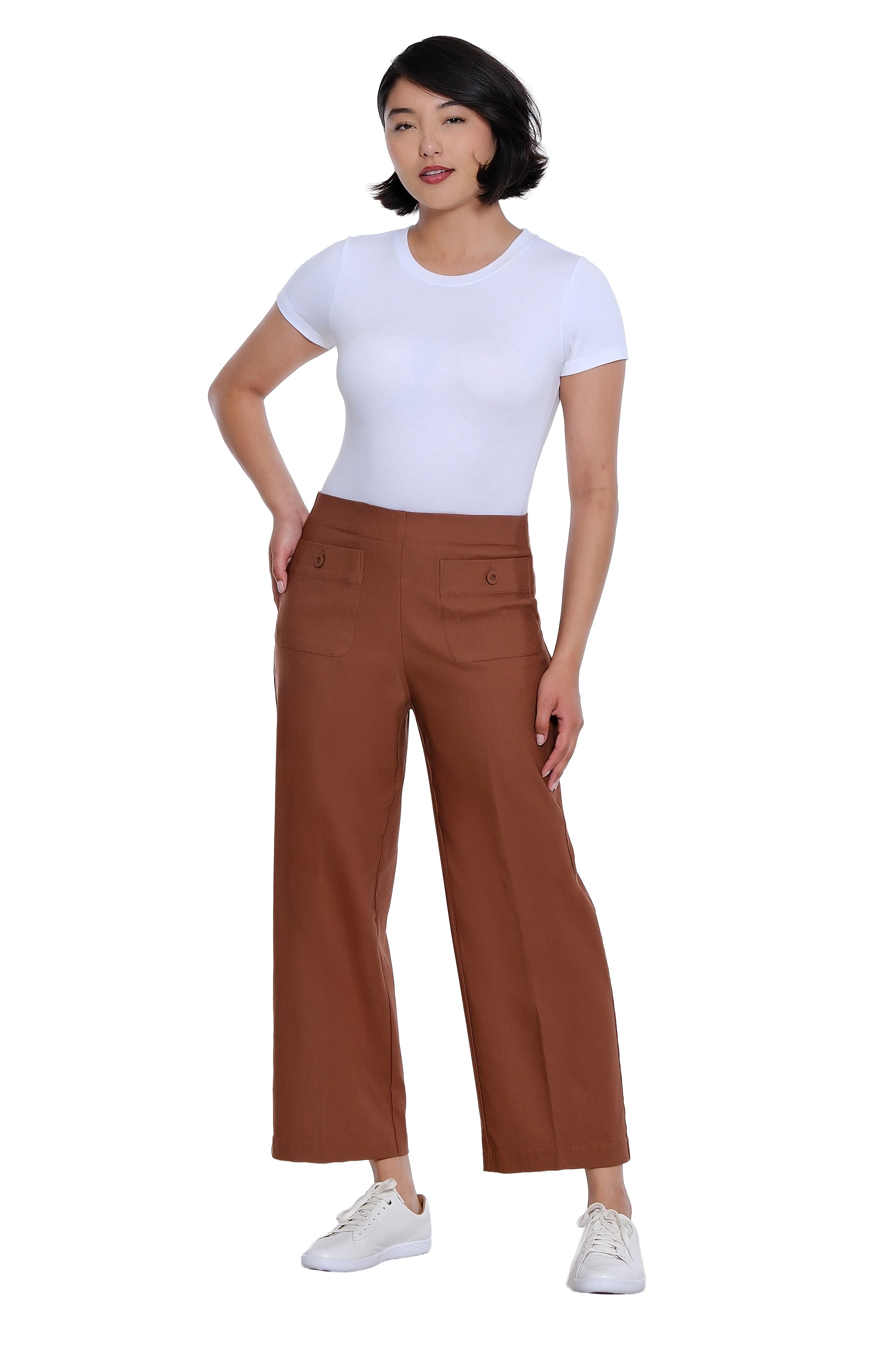 Elastic No Waist Front Patch Pocket Pull On Wide Leg Woven Crop Pant - Cocoa