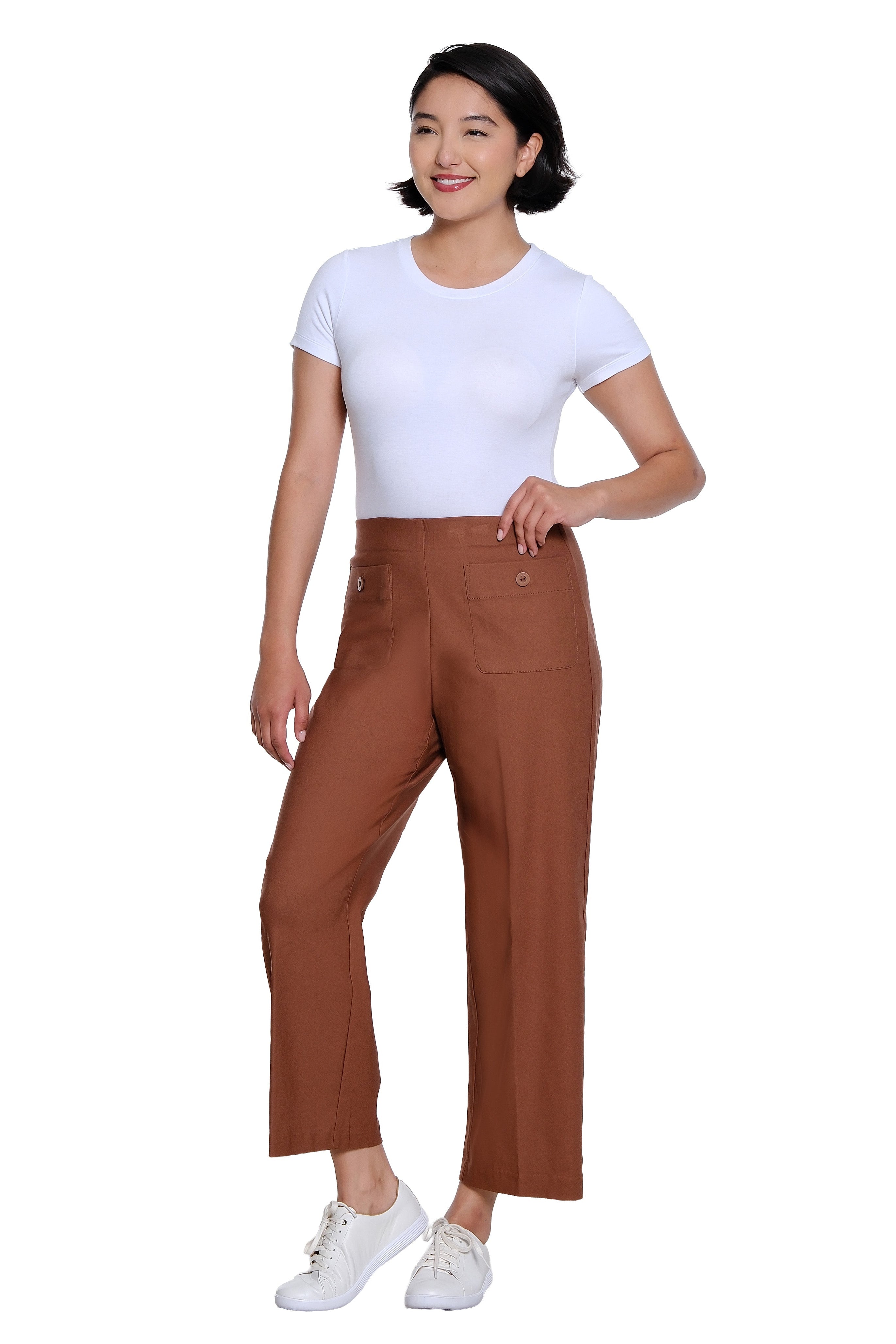 Elastic No Waist Front Patch Pocket Pull On Wide Leg Woven Crop Pant - Cocoa