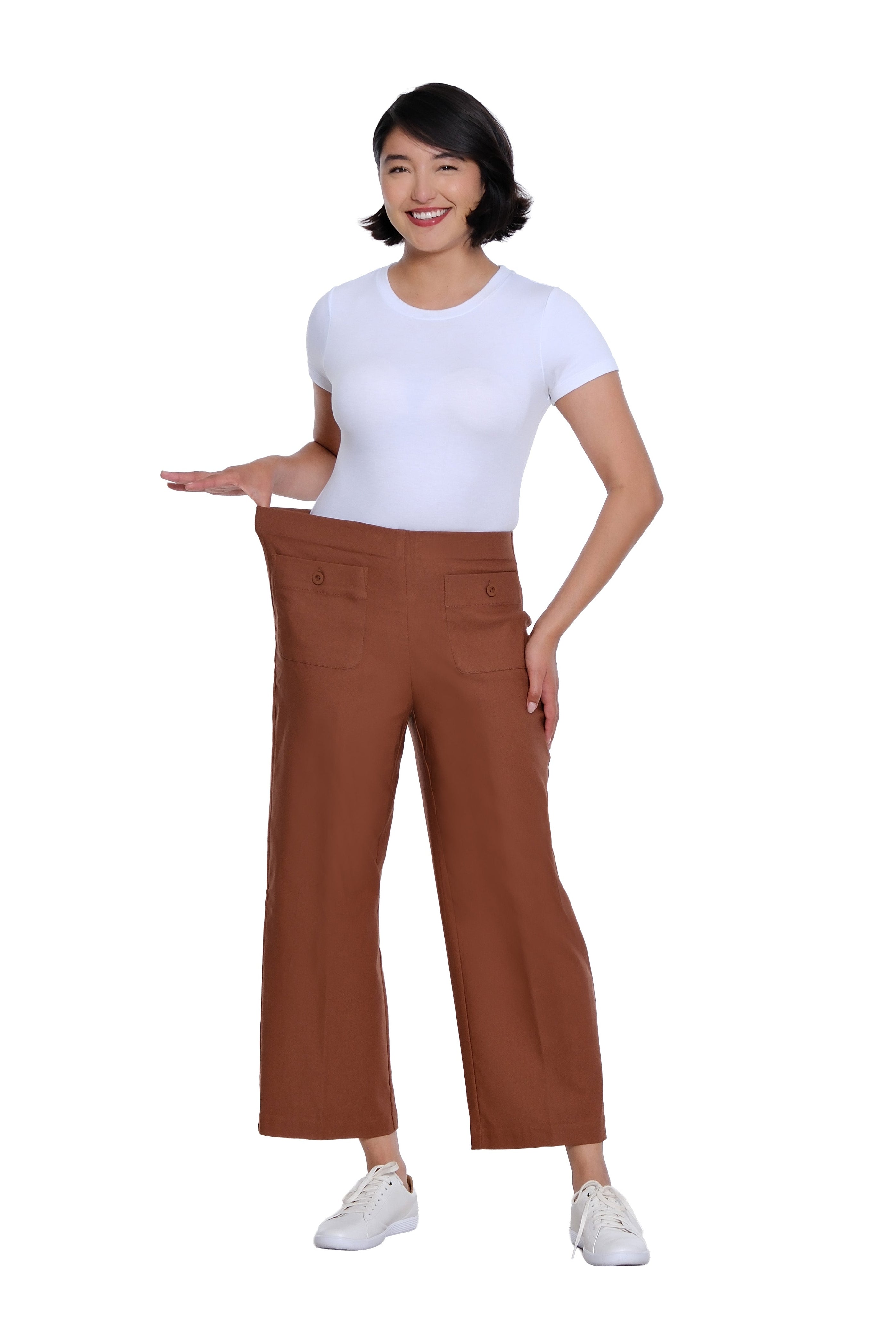 Elastic No Waist Front Patch Pocket Pull On Wide Leg Woven Crop Pant - Cocoa