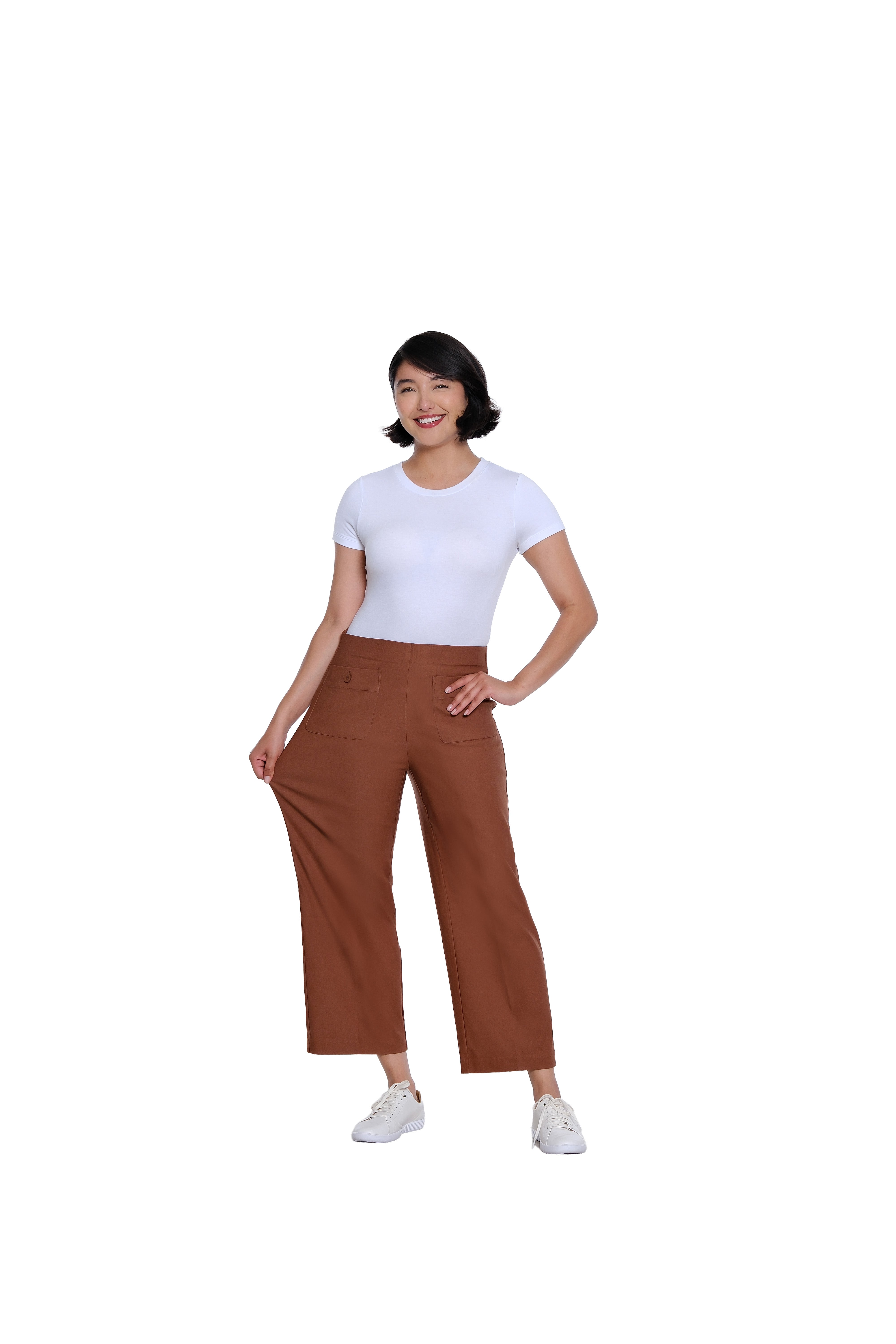 Elastic No Waist Front Patch Pocket Pull On Wide Leg Woven Crop Pant - Cocoa