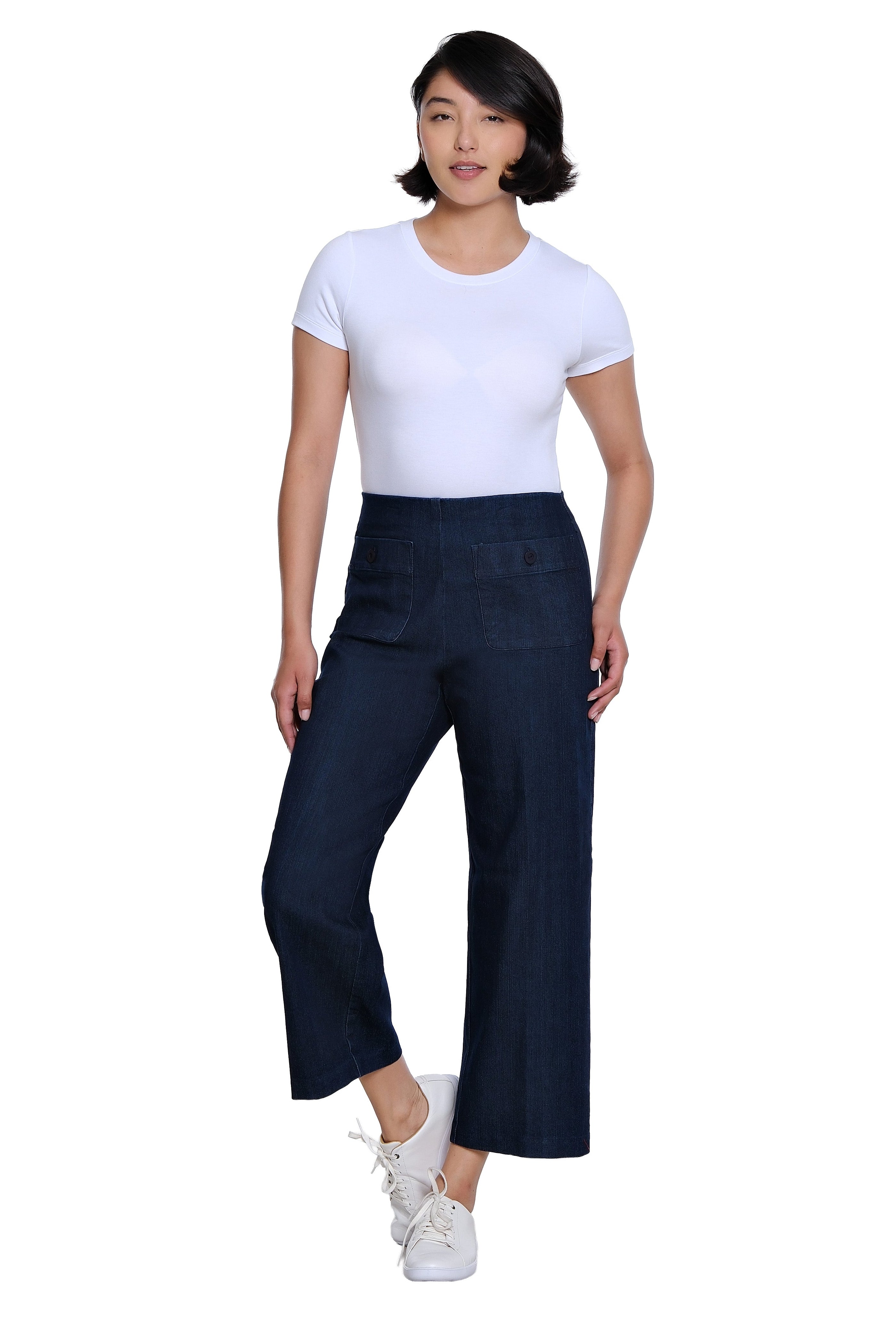 Elastic No Waist Front Patch Pocket Pull On Wide Leg Woven Crop Pant - Denim