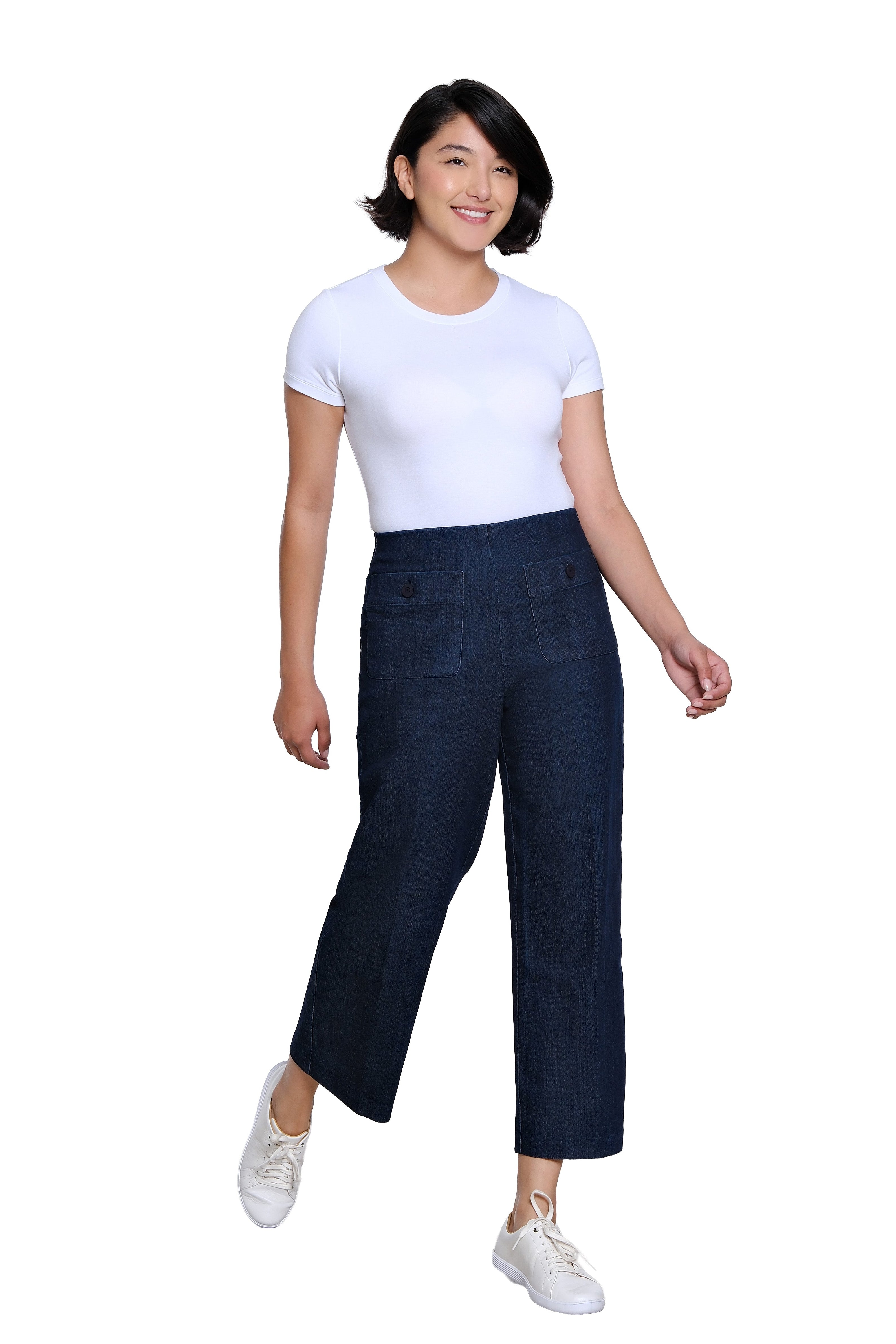 Elastic No Waist Front Patch Pocket Pull On Wide Leg Woven Crop Pant - Denim