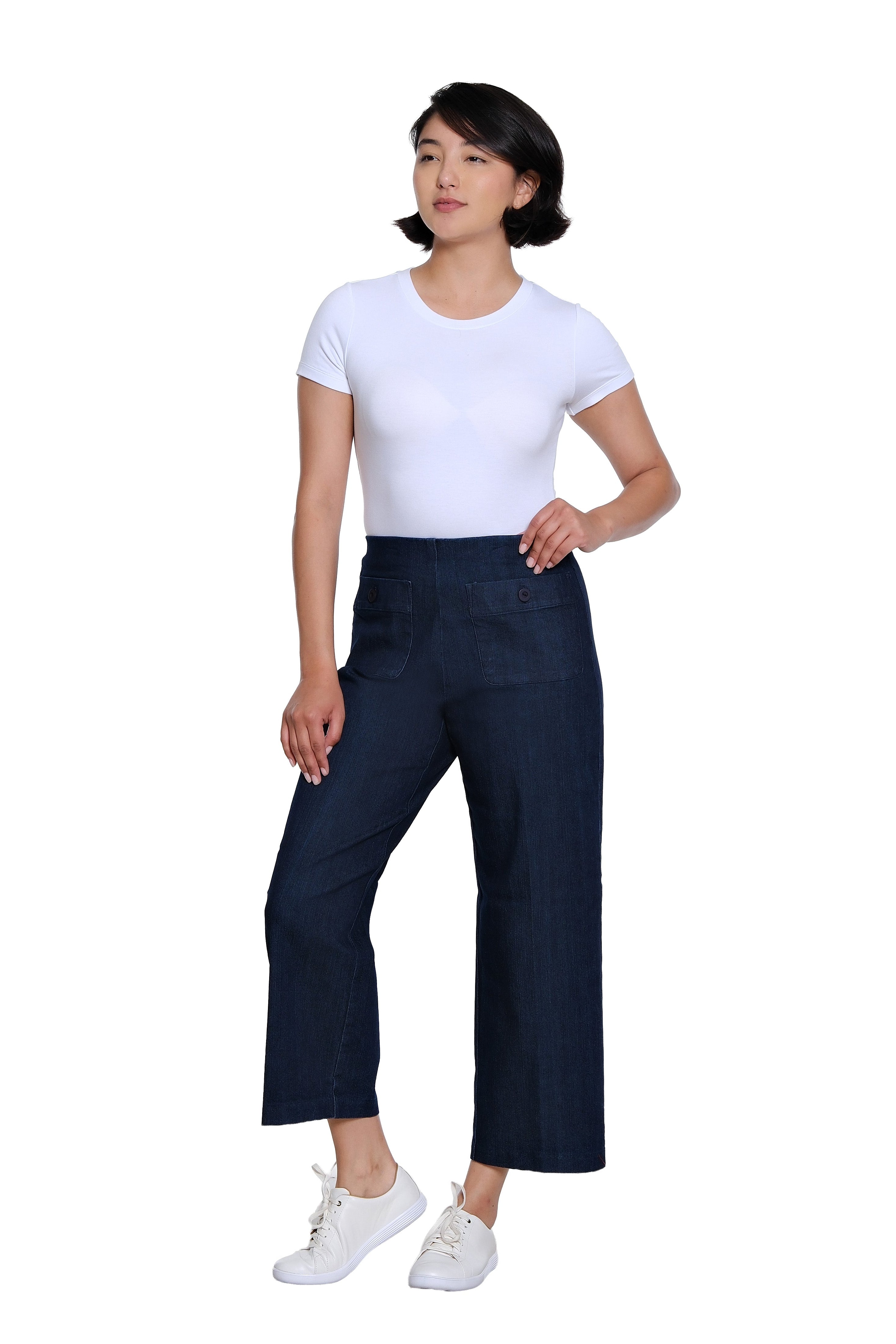 Elastic No Waist Front Patch Pocket Pull On Wide Leg Woven Crop Pant - Denim