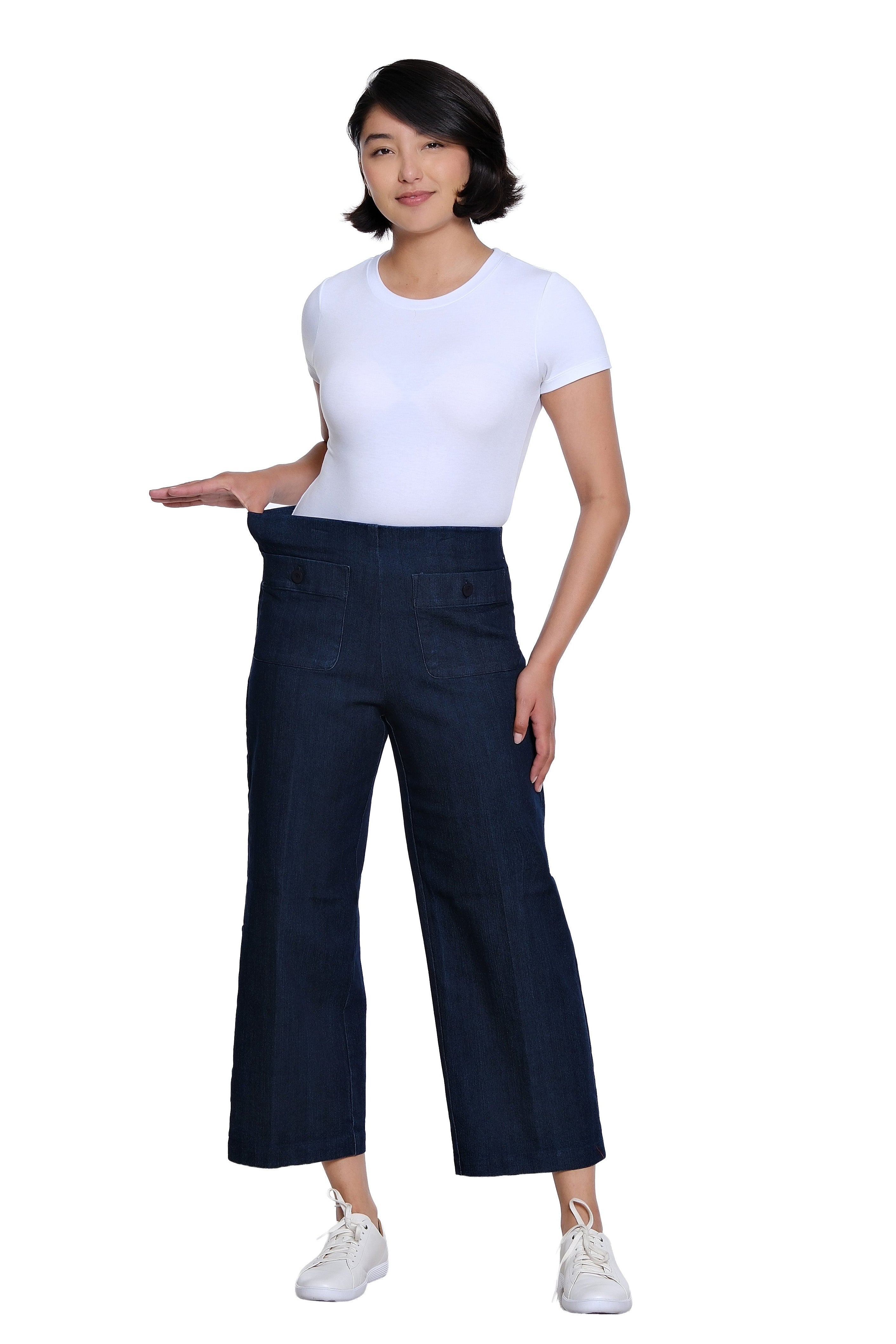 Elastic No Waist Front Patch Pocket Pull On Wide Leg Woven Crop Pant - Denim