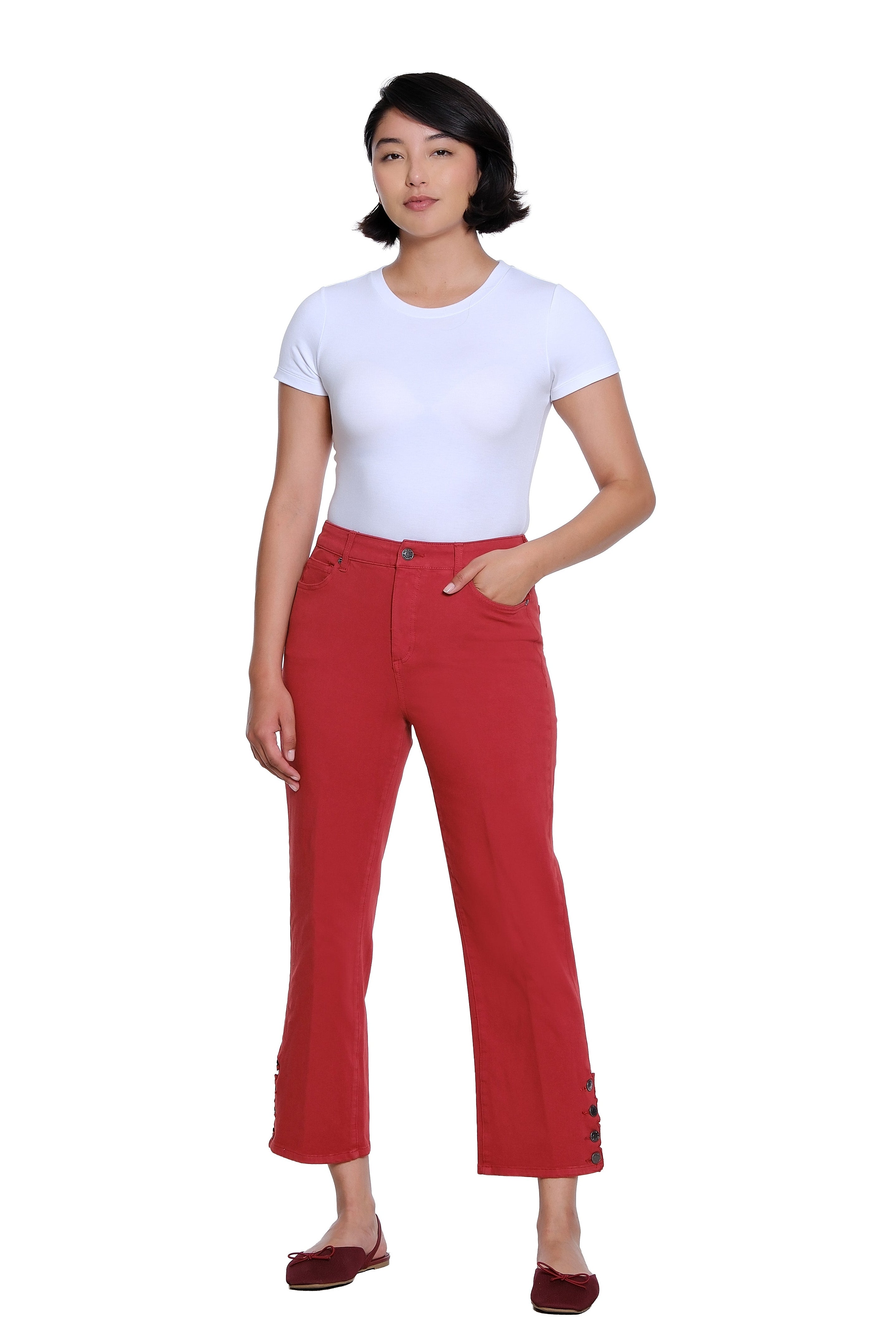 Zip and Button Front 5-Pocket Scallop Hem Vent Woven Crop Pant - Brick