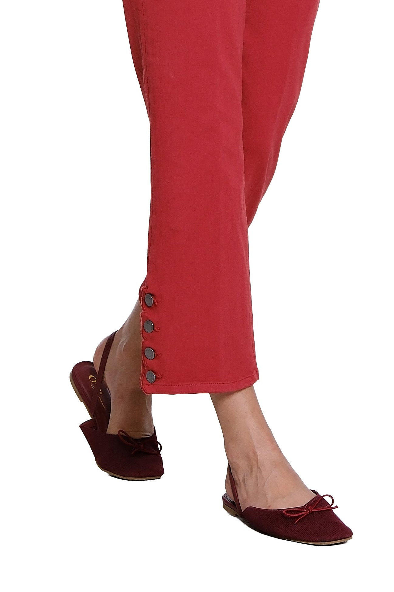 Zip and Button Front 5-Pocket Scallop Hem Vent Woven Crop Pant - Brick