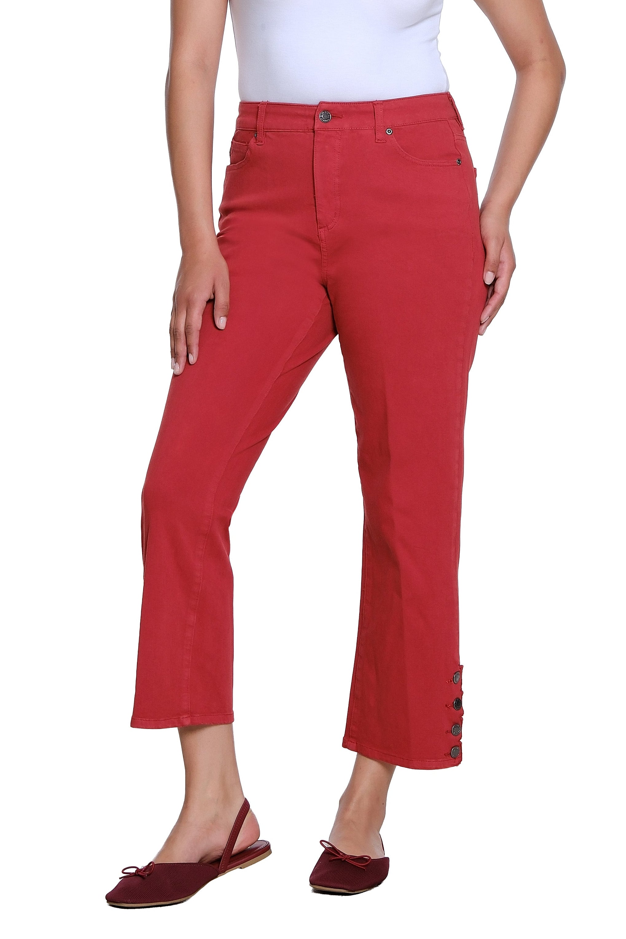 Zip and Button Front 5-Pocket Scallop Hem Vent Woven Crop Pant - Brick