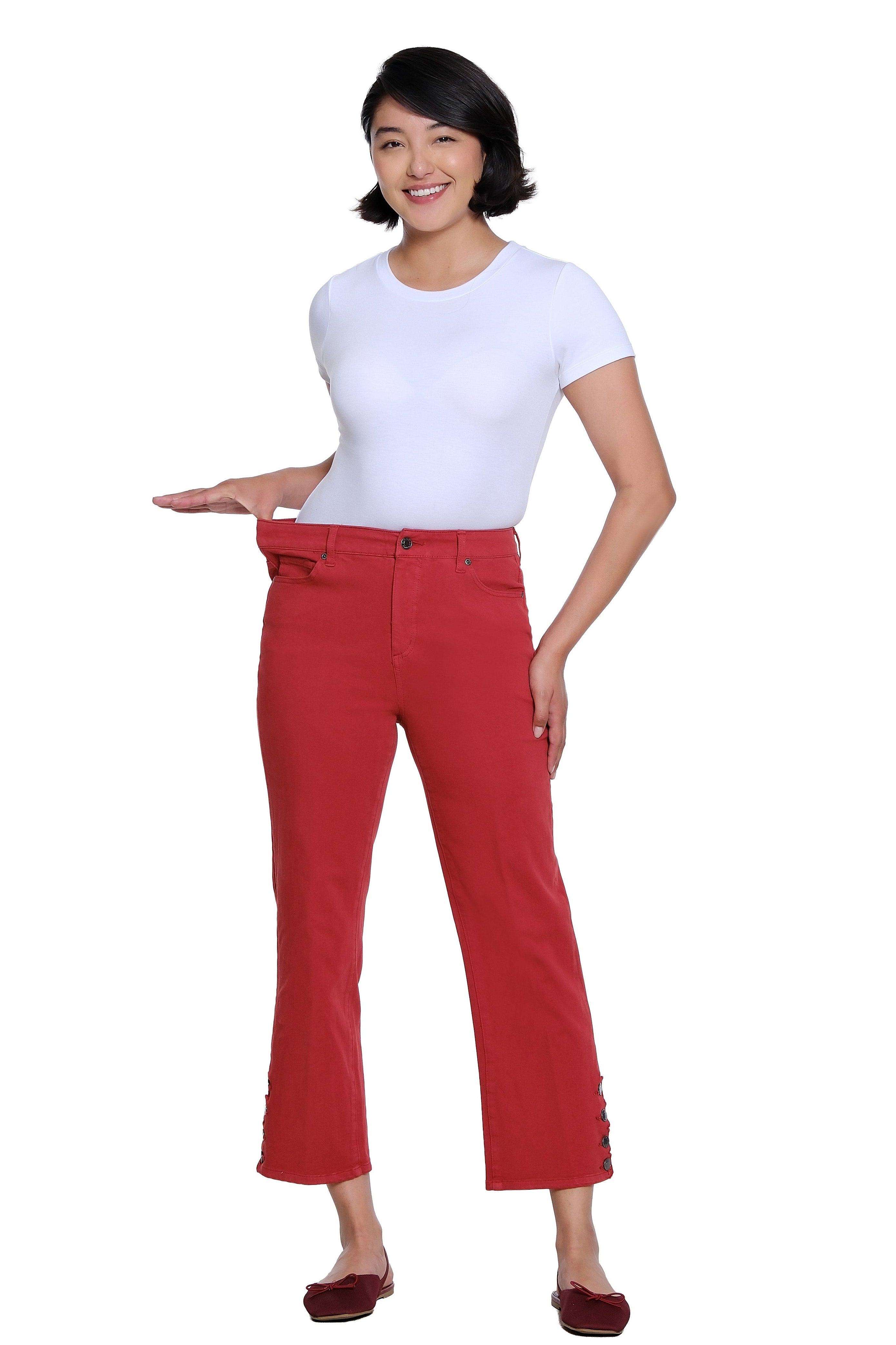 Zip and Button Front 5-Pocket Scallop Hem Vent Woven Crop Pant - Brick