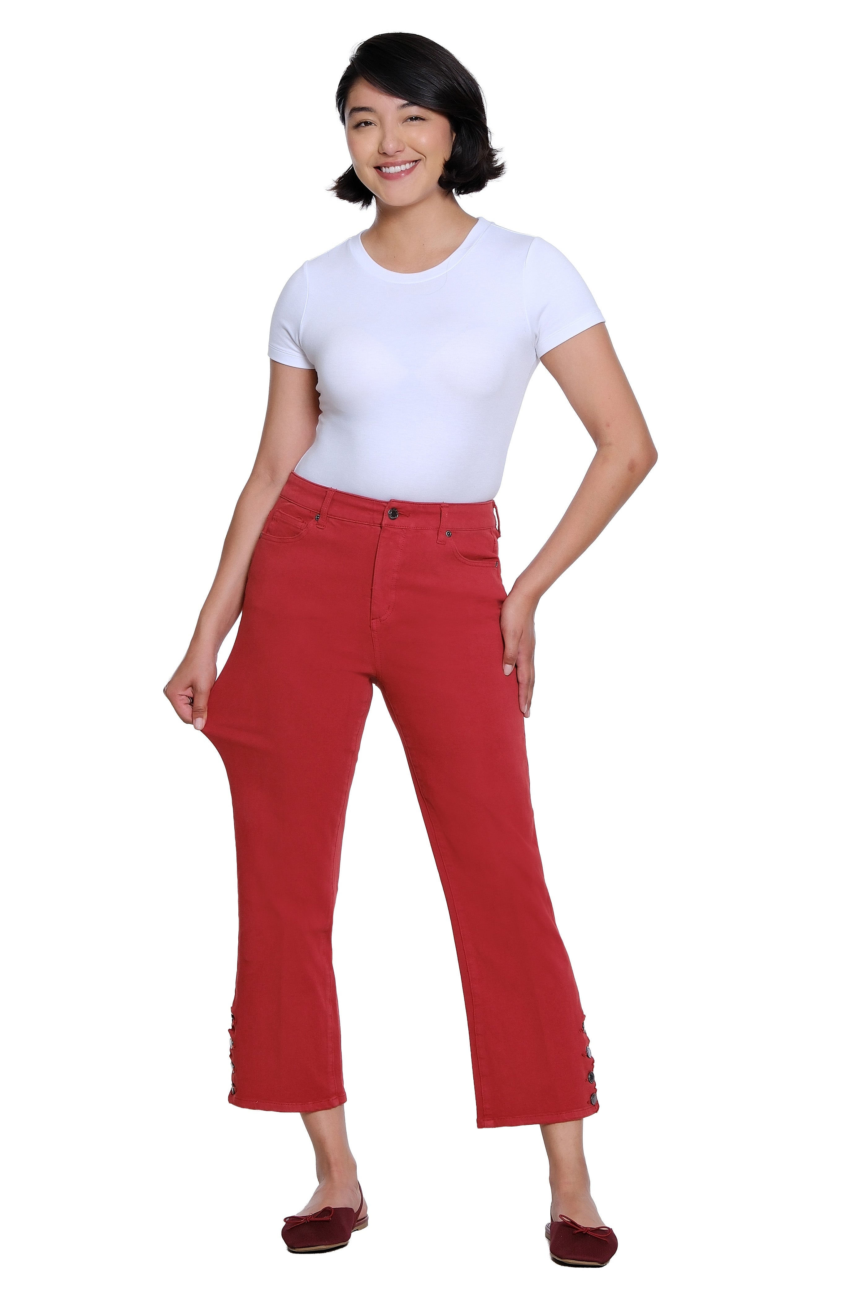 Zip and Button Front 5-Pocket Scallop Hem Vent Woven Crop Pant - Brick