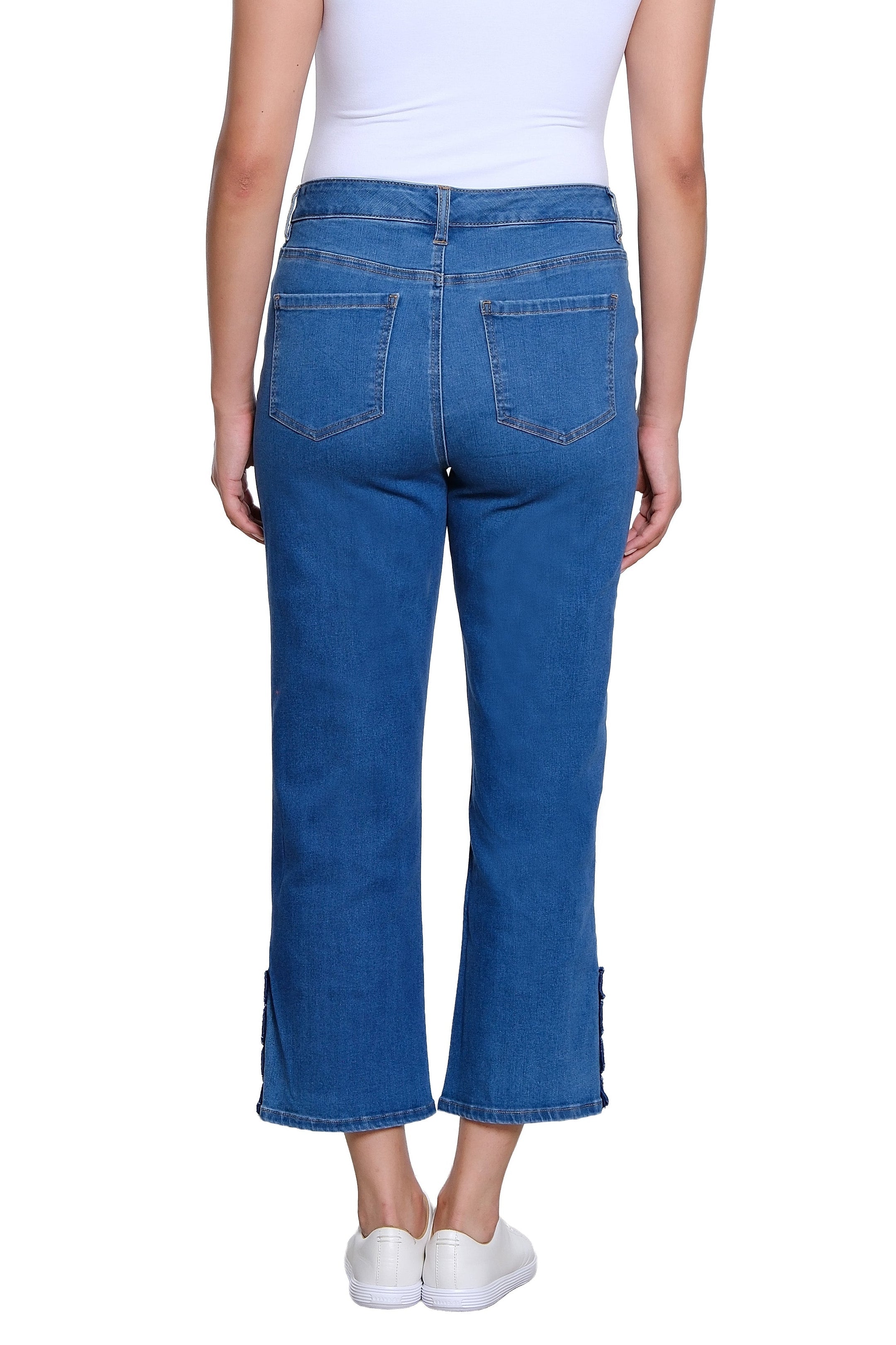 Zip and Button Front 5-Pocket Scallop Hem Vent Woven Crop Pant - Medium Indigo