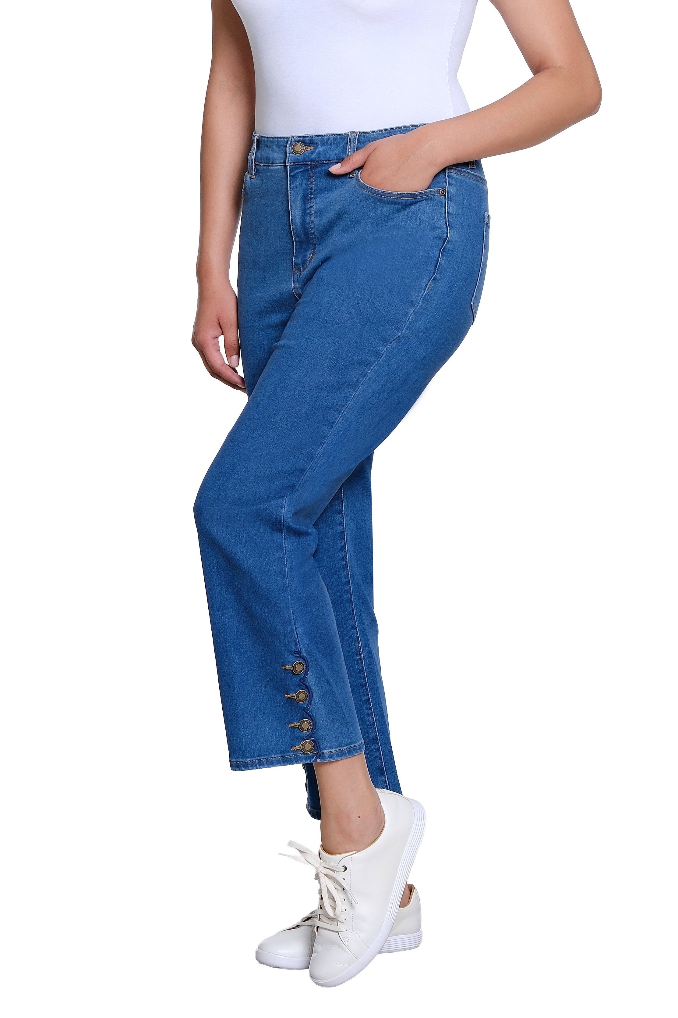 Zip and Button Front 5-Pocket Scallop Hem Vent Woven Crop Pant - Medium Indigo