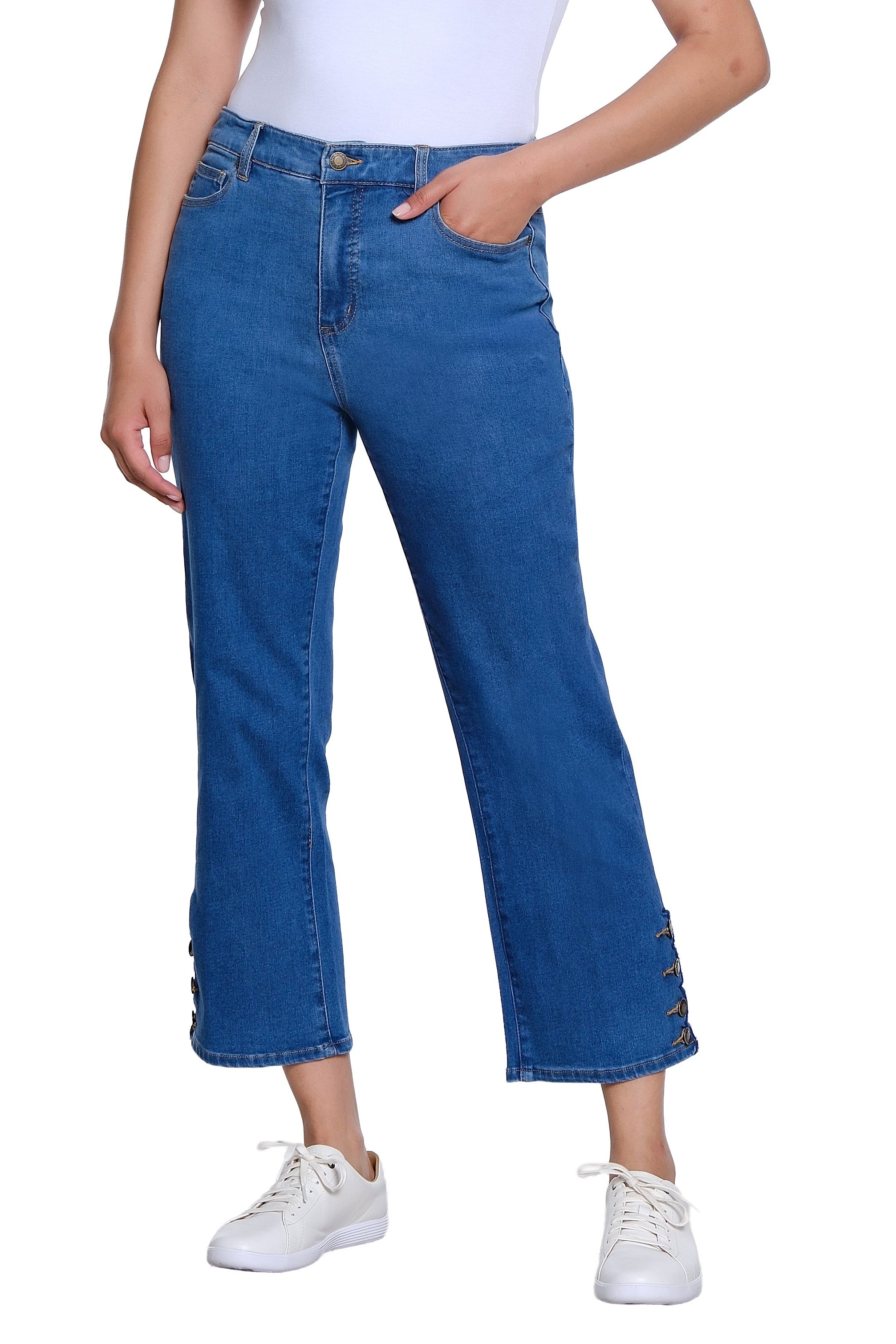 Zip and Button Front 5-Pocket Scallop Hem Vent Woven Crop Pant - Medium Indigo
