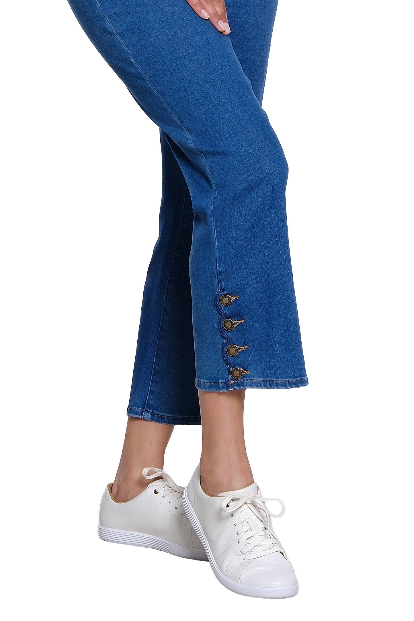 Zip and Button Front 5-Pocket Scallop Hem Vent Woven Crop Pant - Medium Indigo