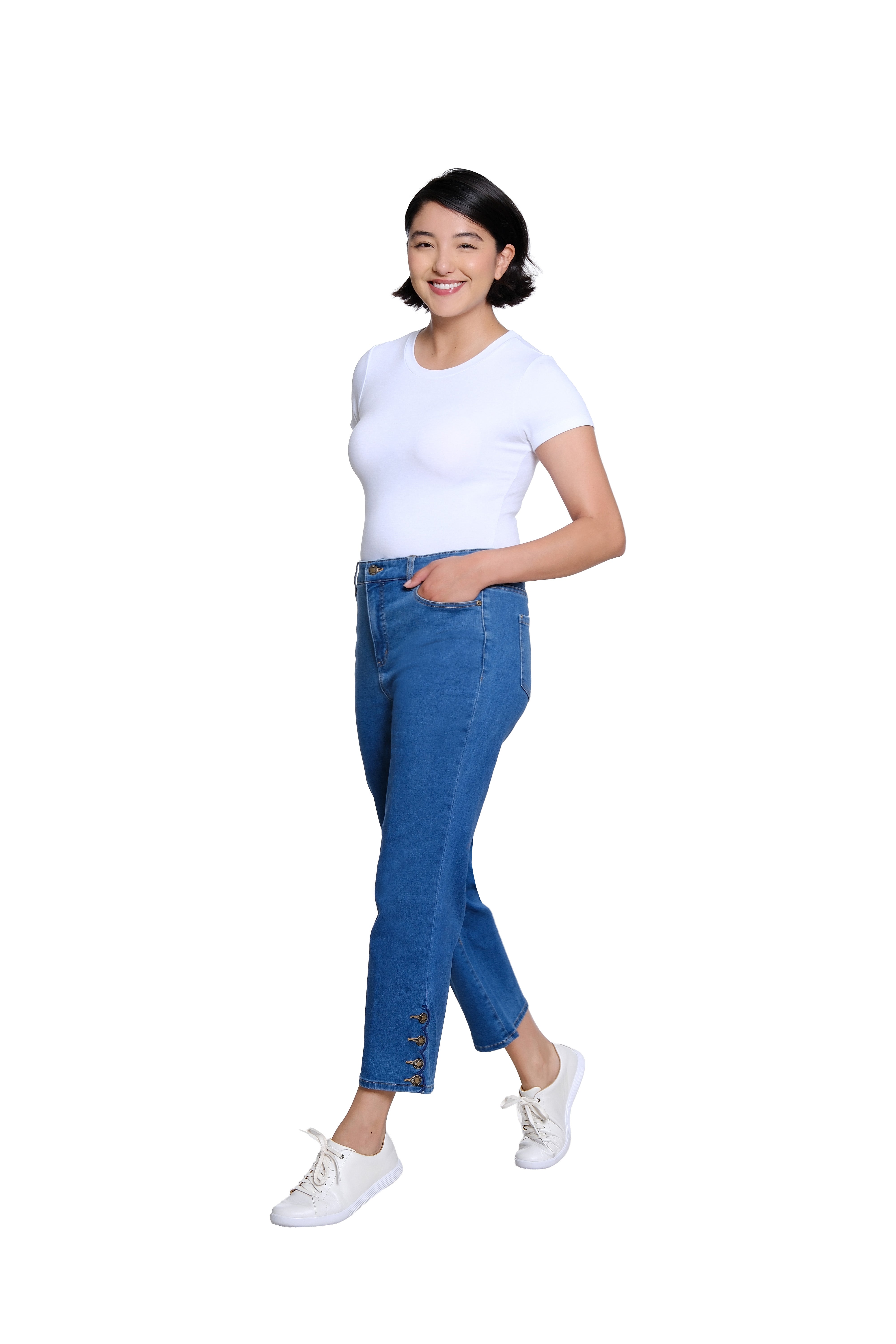 Zip and Button Front 5-Pocket Scallop Hem Vent Woven Crop Pant - Medium Indigo