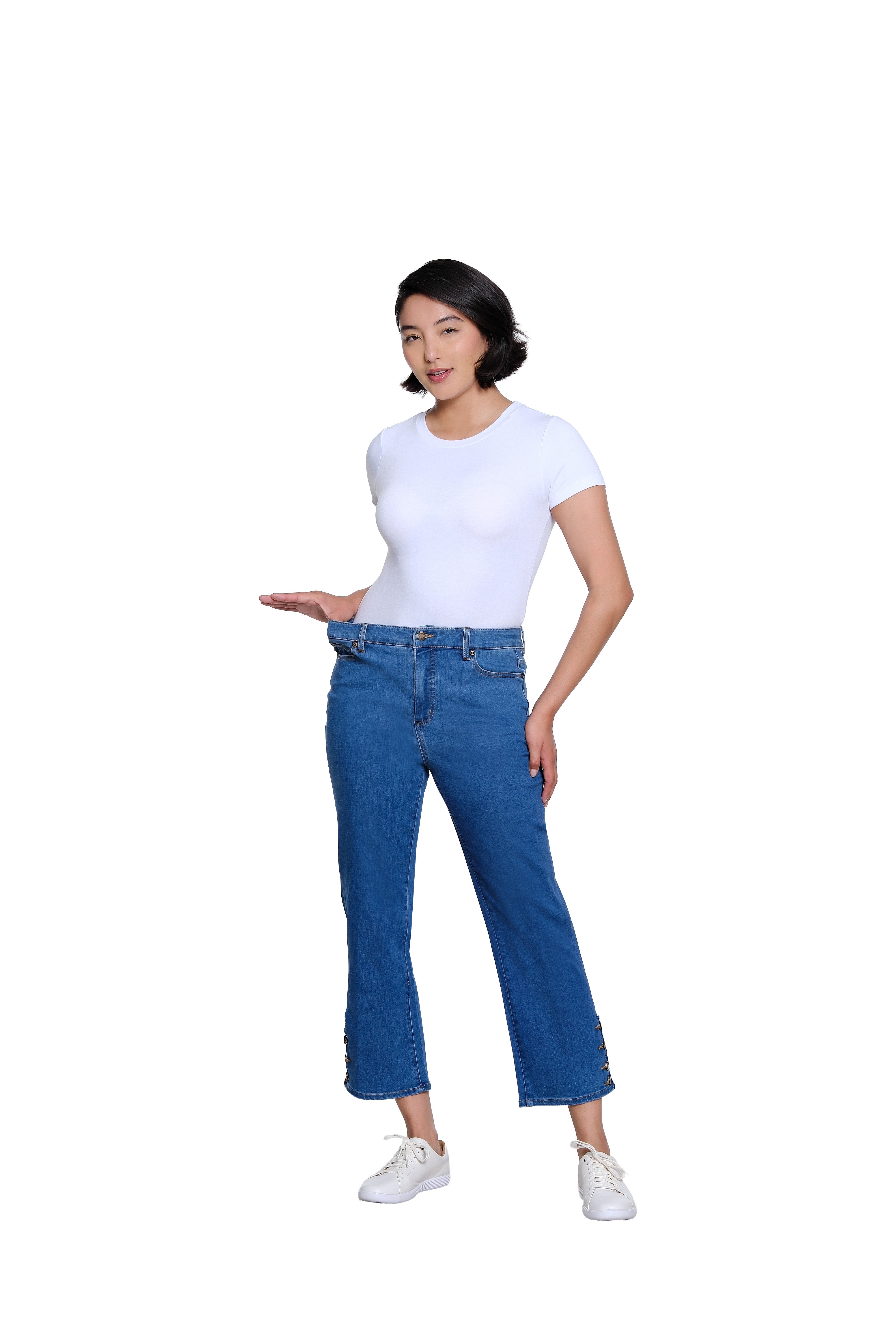 Zip and Button Front 5-Pocket Scallop Hem Vent Woven Crop Pant - Medium Indigo