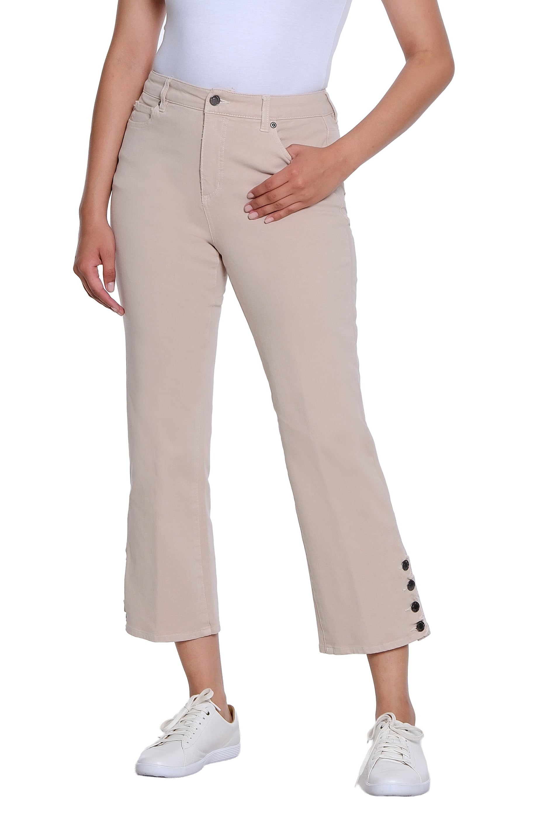 Zip and Button Front 5-Pocket Scallop Hem Vent Woven Crop Pant - Natural