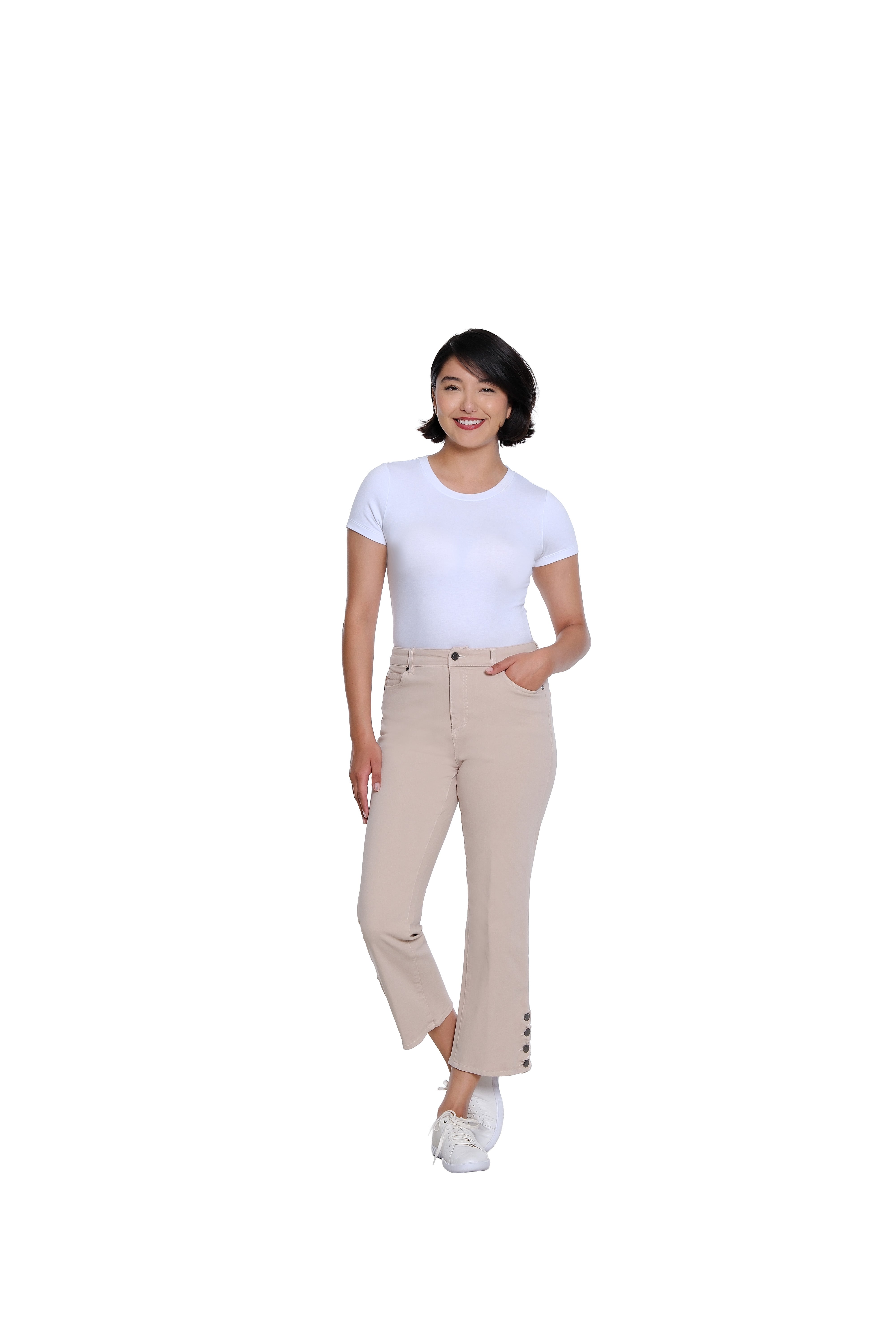 Zip and Button Front 5-Pocket Scallop Hem Vent Woven Crop Pant - Natural