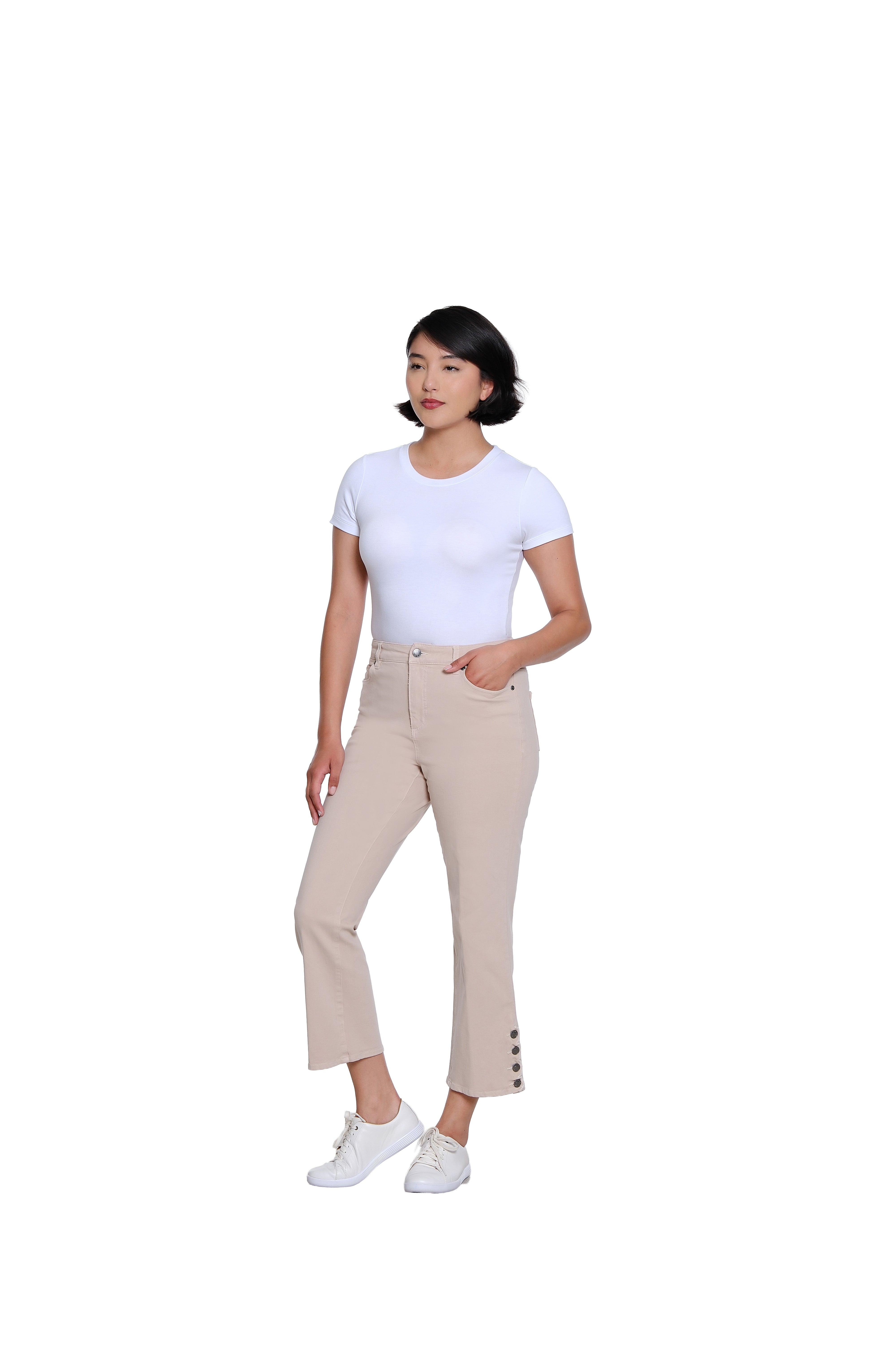 Zip and Button Front 5-Pocket Scallop Hem Vent Woven Crop Pant - Natural