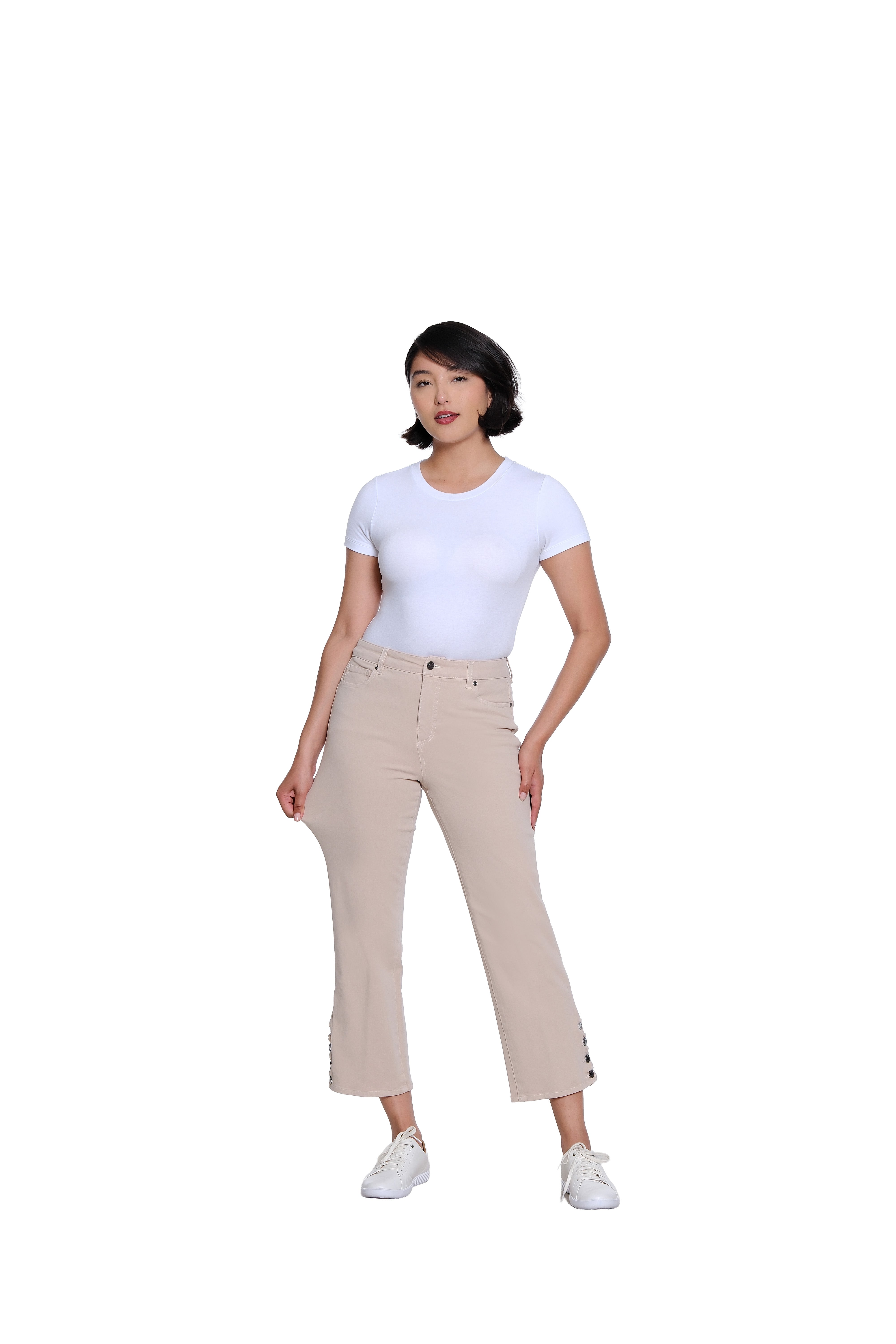 Zip and Button Front 5-Pocket Scallop Hem Vent Woven Crop Pant - Natural