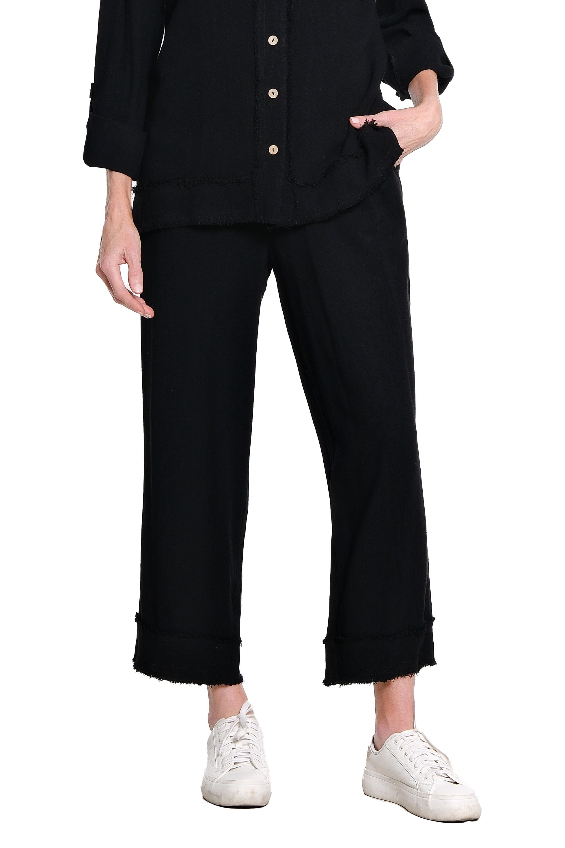 Drawstring Elastic Waist Pull On Woven Crop Pant with Fringe Hem Trim - Plus - Black
