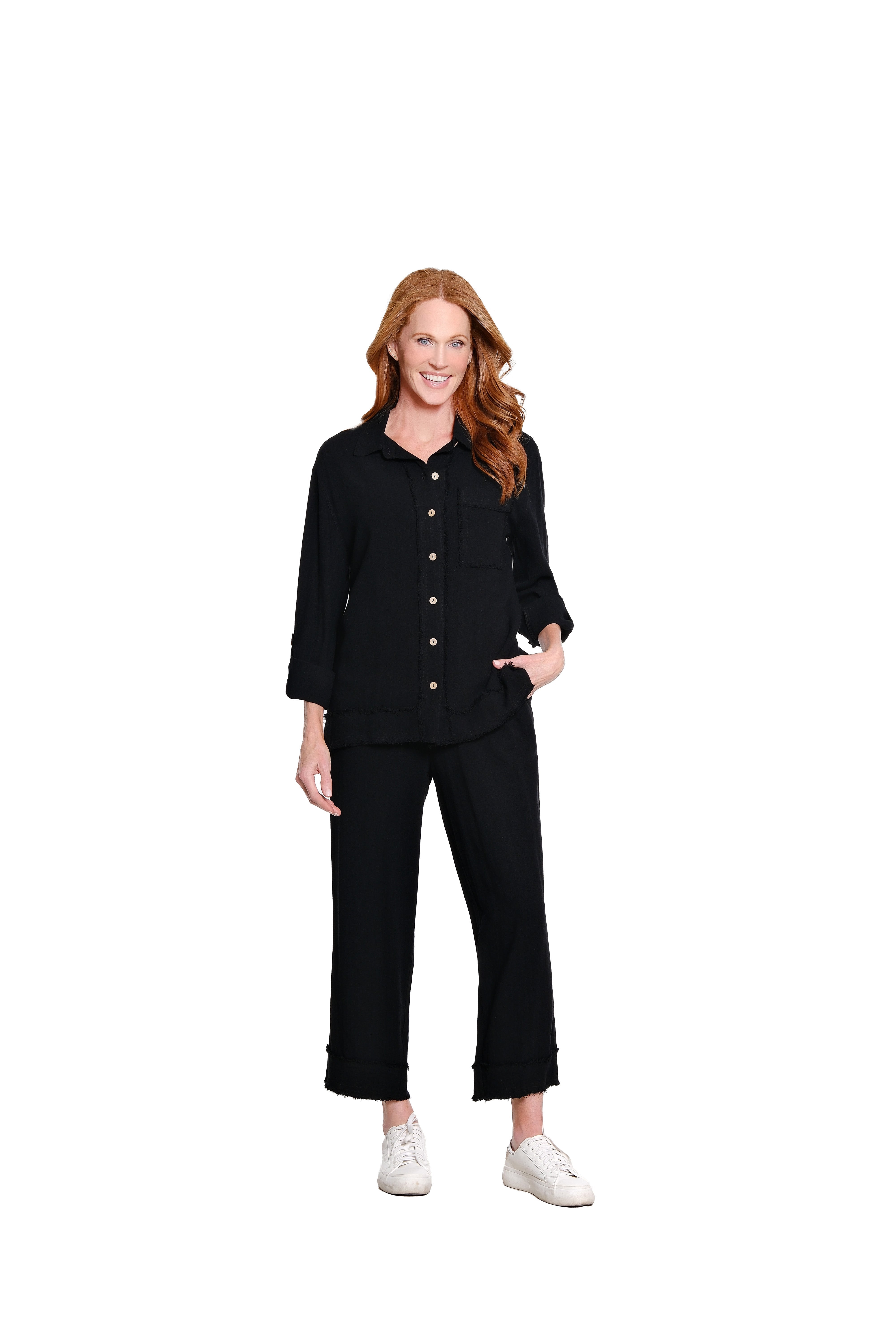 Roll Tab Cuffed Long Sleeve 1-Pocket Button Front Fringe Trim Woven Shirt - Plus - Black
