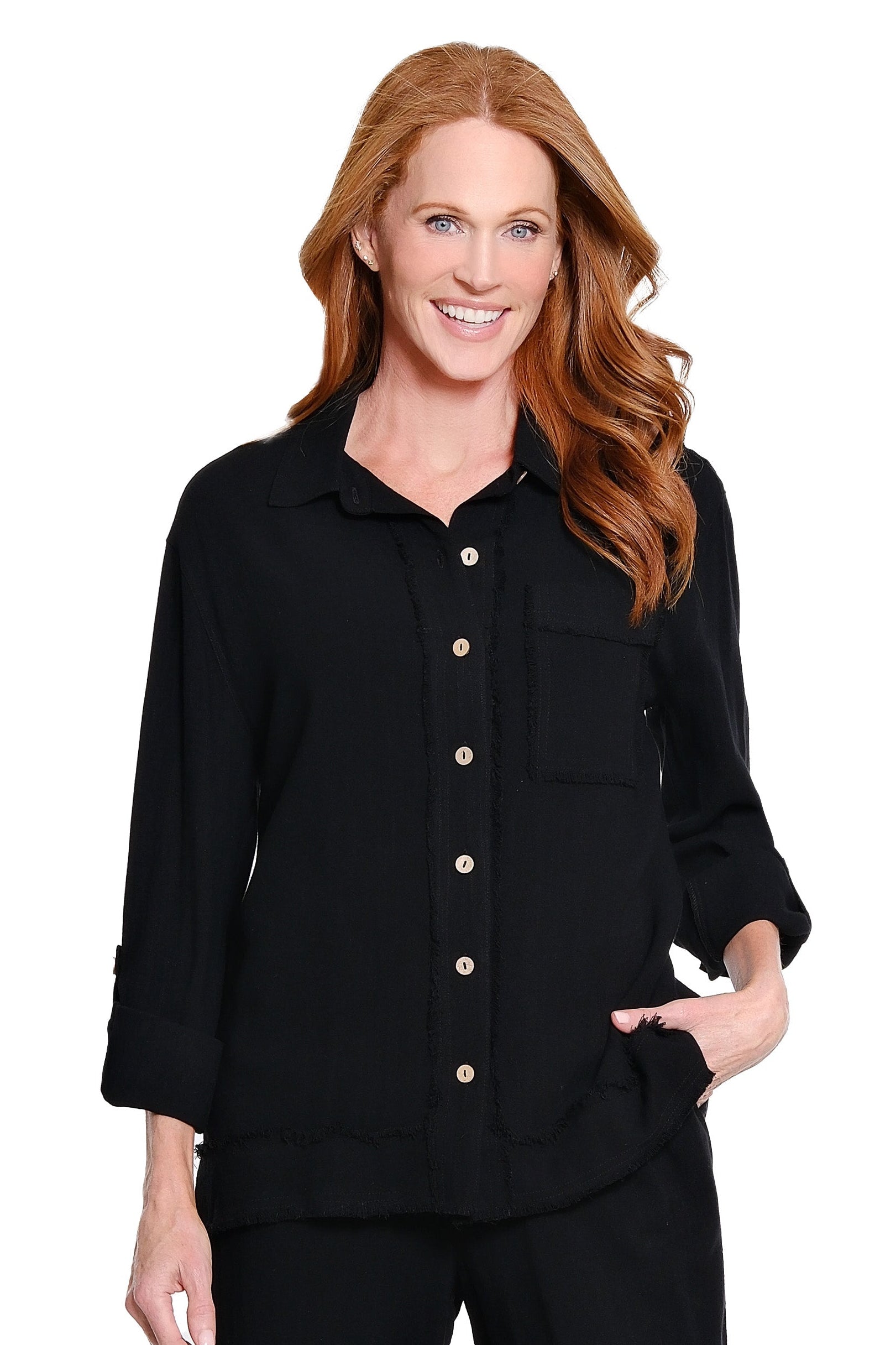Roll Tab Cuffed Long Sleeve 1-Pocket Button Front Fringe Trim Woven Shirt - Plus - Black