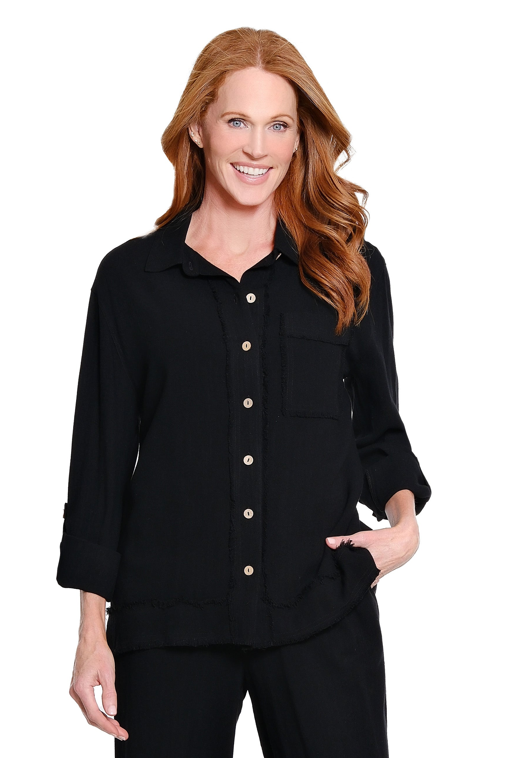 Roll Tab Cuffed Long Sleeve 1-Pocket Button Front Fringe Trim Woven Shirt - Black