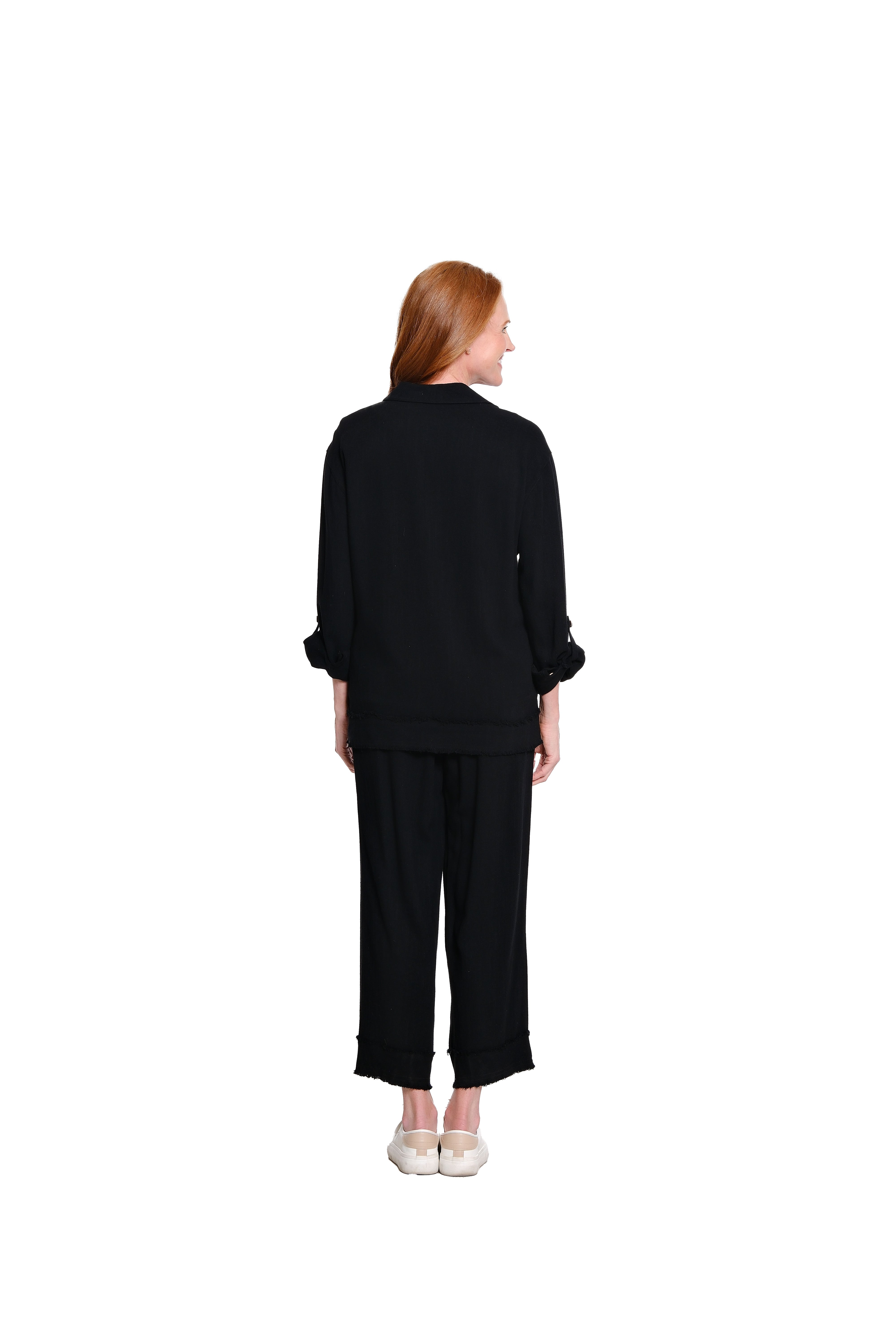 Drawstring Elastic Waist Pull On Woven Crop Pant with Fringe Hem Trim - Plus - Black